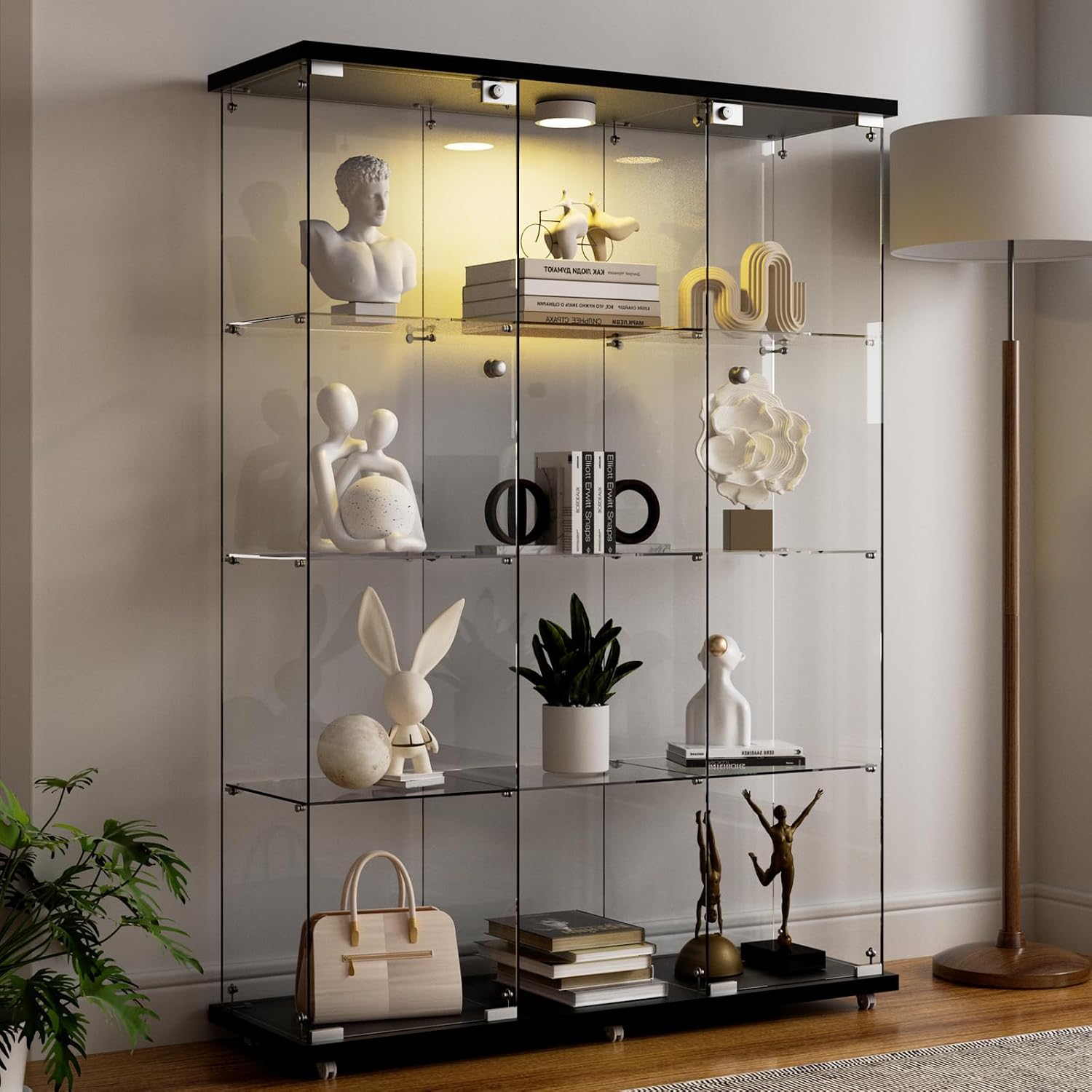 Glass Display Cabinet 12 Shelves with 2 Doors,Middle Open Display, Locking,LED Push Lights with Remote Control,4mm Tempered Glass Floor-to-Ceiling Glass Bookcase for Bedroom, Living Room,Black