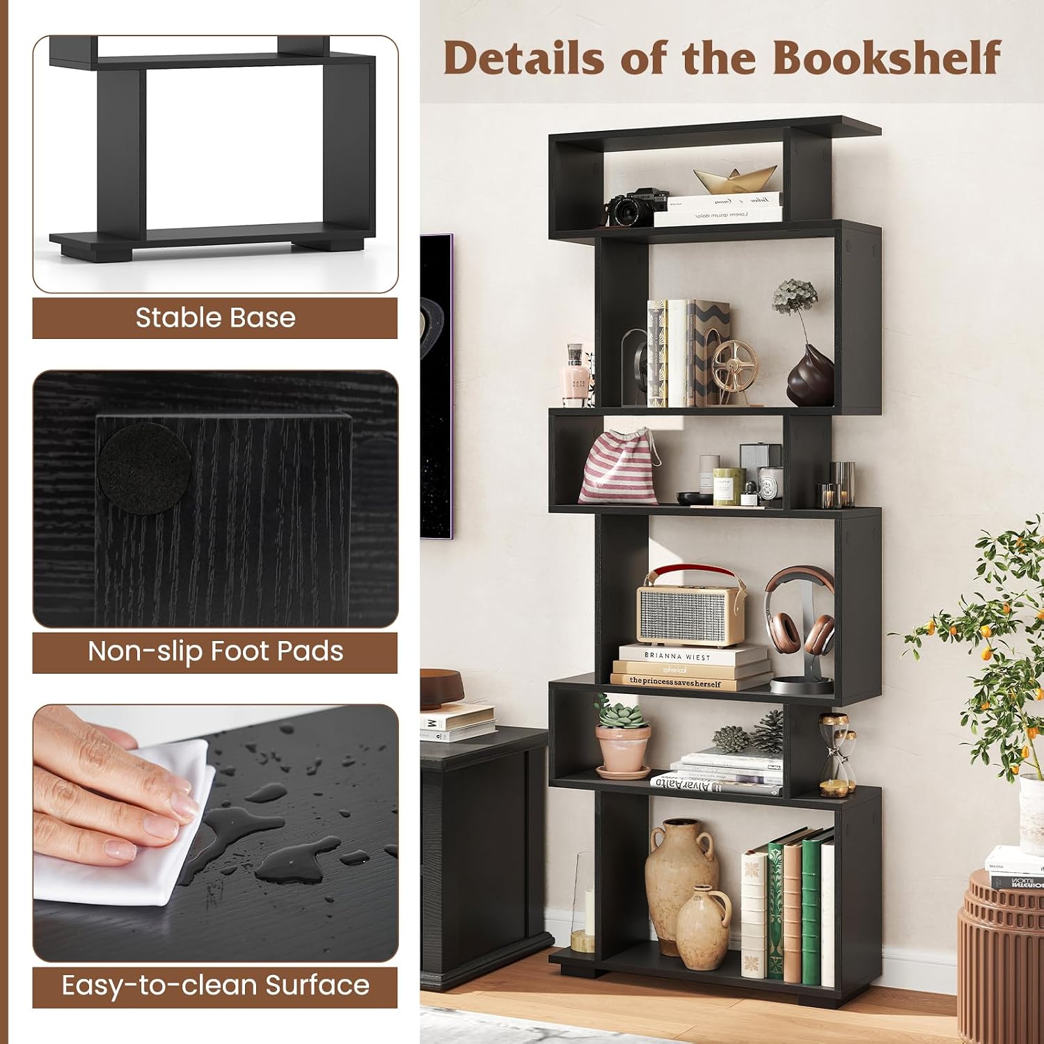 Tangkula 6-Tier S-Shaped Bookshelf, 64' Freestanding Geometric Bookcase, Home Office Wood Storage Shelf with Anti-Toppling Device, Room Divider Display Rack for Study, Living Room (2, Black)