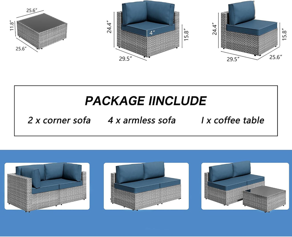 Shintenchi 7 Pieces Outdoor Patio Furniture Sets, Patio Sectional Sofa Couch, Gray PE Wicker Furniture Modular Patio Conversation Sets Patio Sofa with Washable Cushions, Aegean Blue