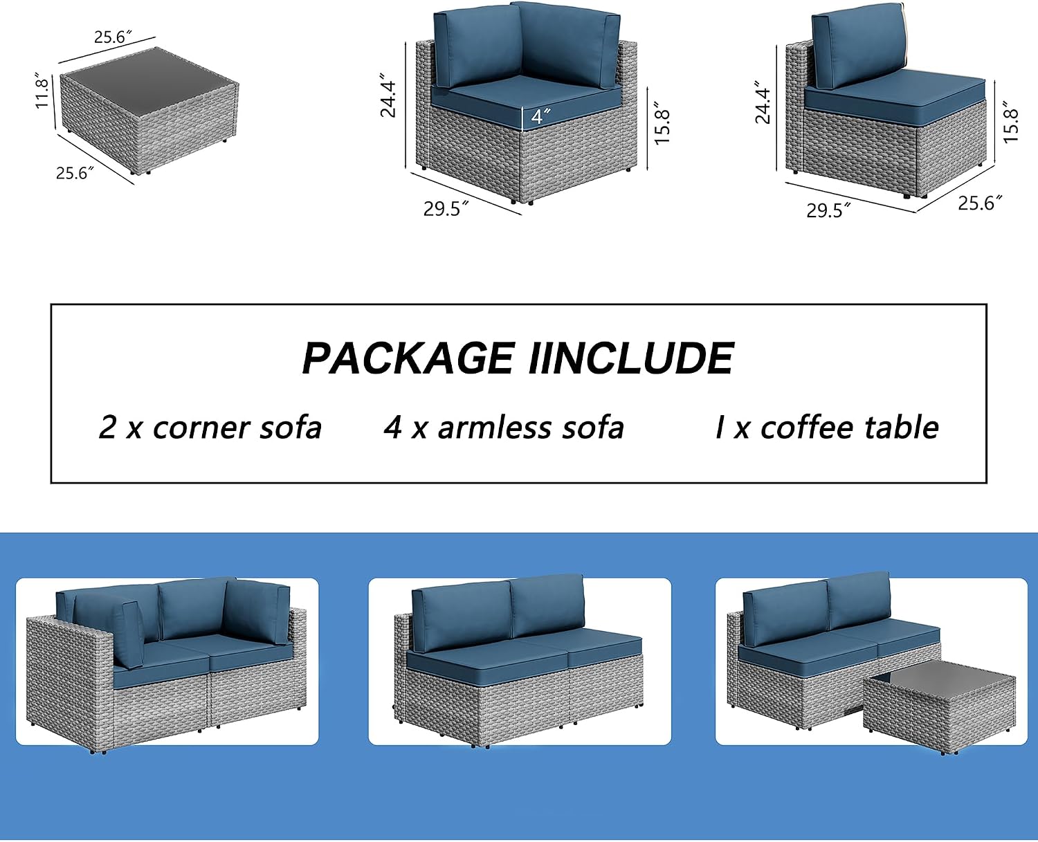 Shintenchi 7 Pieces Outdoor Patio Furniture Sets, Patio Sectional Sofa Couch, Gray PE Wicker Furniture Modular Patio Conversation Sets Patio Sofa with Washable Cushions, Aegean Blue