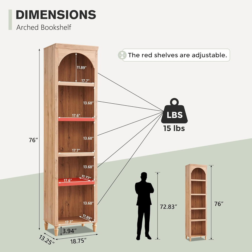 IFGET 76' Tall Arched Bookcase, Farmhouse 5 Tiers Narrow Arched Bookshelf Cabinet with Adjustable Shelves, Modern Wooden Book Shelf w/Storage and Open Display Shelves for Living Room, Office-Natural