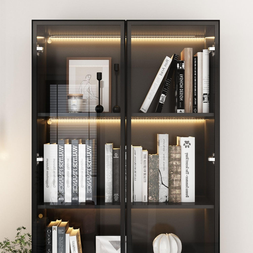 Display Cabinet with 4 Glass Doors and Lights, 5-Tier Storage Shelves, Pop-up Design, Trophy Case Display Cabinet for Collectibles, Black (31.5'W x 14.2'D x 78.7'H)