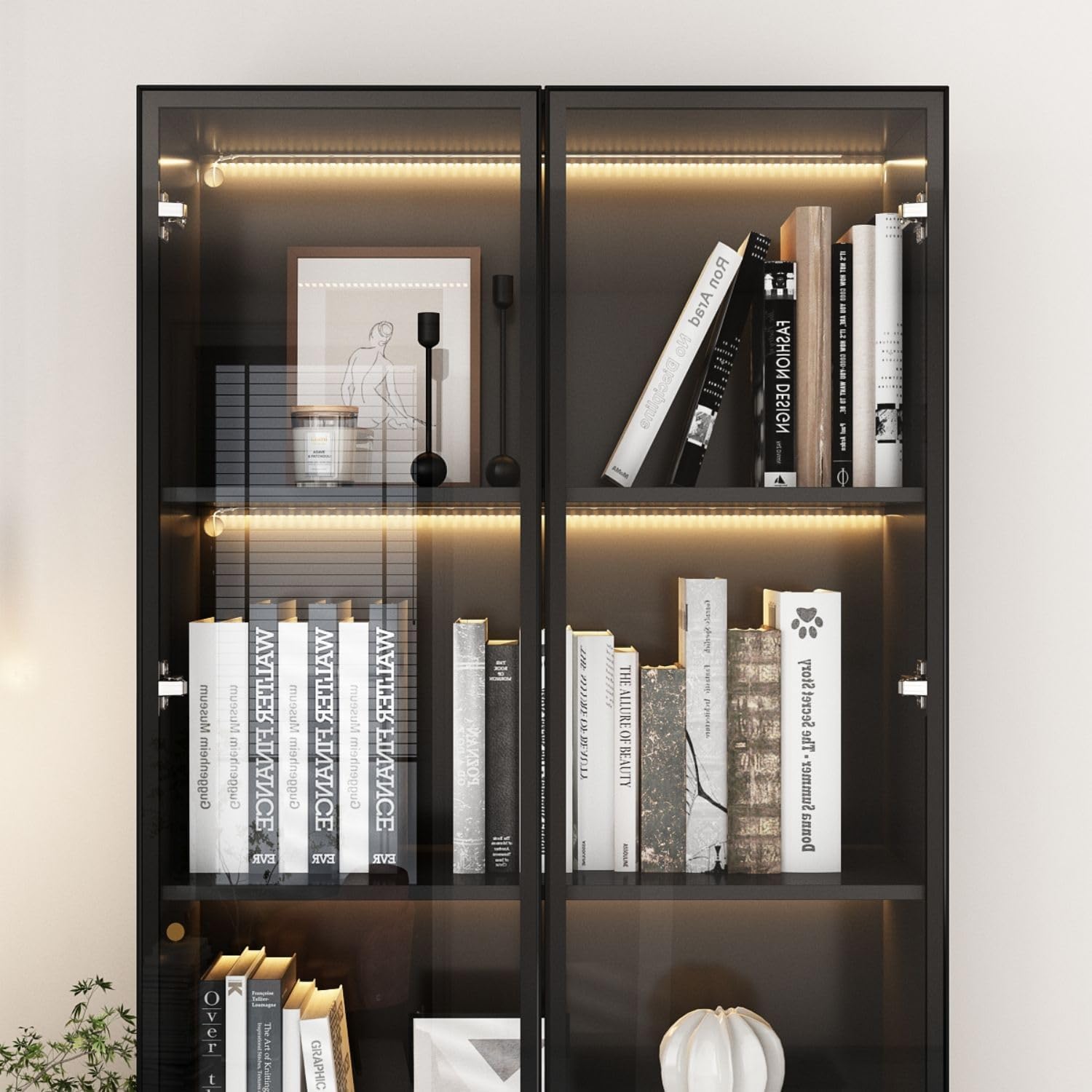 Display Cabinet with 4 Glass Doors and Lights, 5-Tier Storage Shelves, Pop-up Design, Trophy Case Display Cabinet for Collectibles, Black (31.5'W x 14.2'D x 78.7'H)