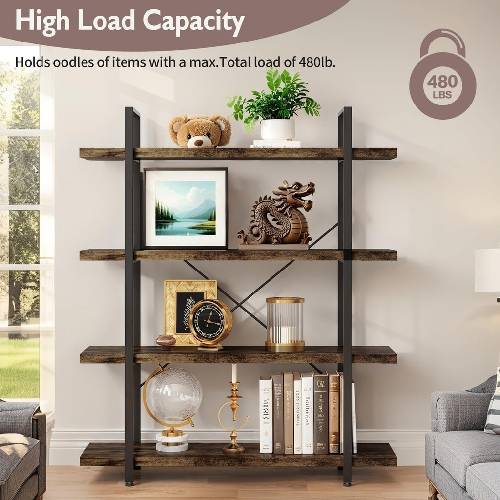 4 Tier Book Shelf, 47'' Wide Wood Industrial Bookshelf, 120lbs Shelf Capacity, Open Storage Shelves, 55'' Tall Heavy Duty Display Shelving, Rustic Brown Bookcase for Bedroom,Living Room,Office -2Pcs