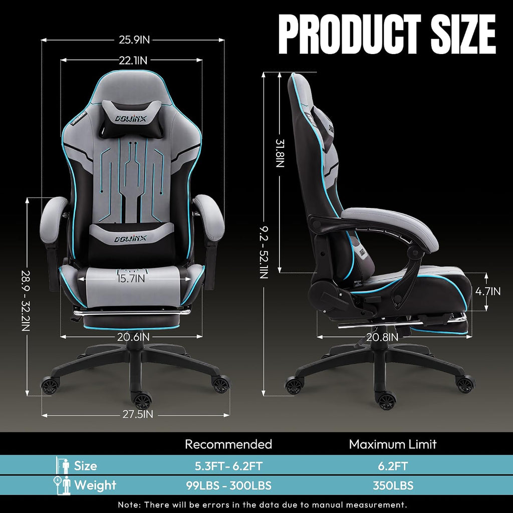 Dowinx Big and Tall Gaming Chair 350LBS, Racing Style Ergonomic Computer Chair with Side-Mounted Recline Control, Footrest & Massage Lumbar, High Back Chair with Embroidered Design for Gaming or Work