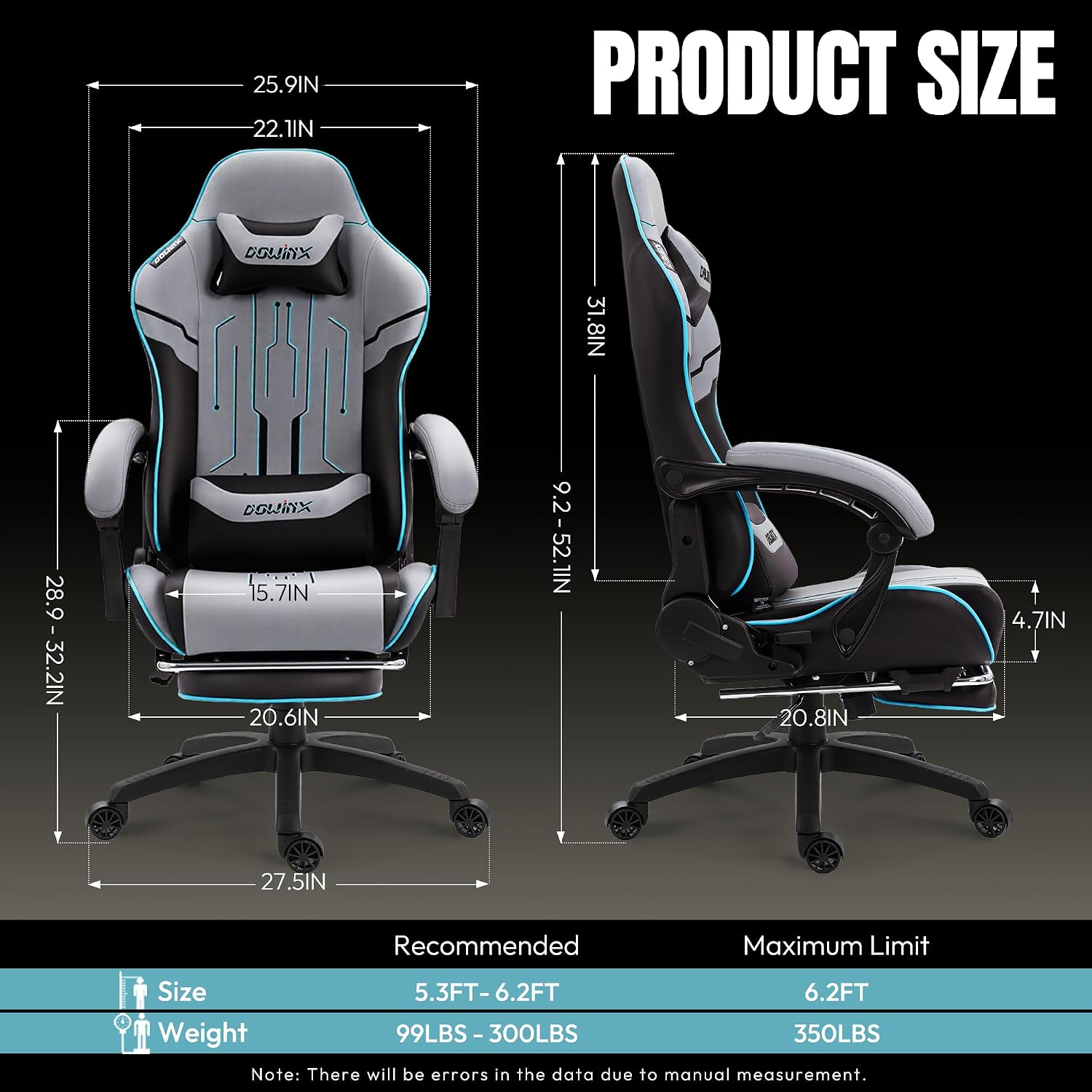 Dowinx Big and Tall Gaming Chair 350LBS, Racing Style Ergonomic Computer Chair with Side-Mounted Recline Control, Footrest & Massage Lumbar, High Back Chair with Embroidered Design for Gaming or Work