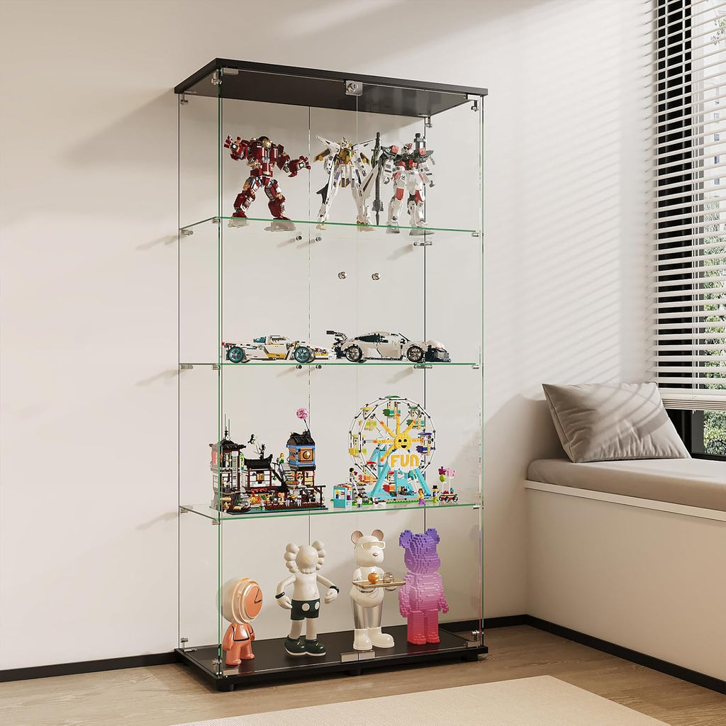 APRILSOUL Glass Display Cabinet 4-Shelf with Double Door, Curio Display Cabinet with 5mm Tempered Glass, Floor Standing Bookshelf for Bedroom, Living Room, 64 x 31.7 x 14.3 in, Black