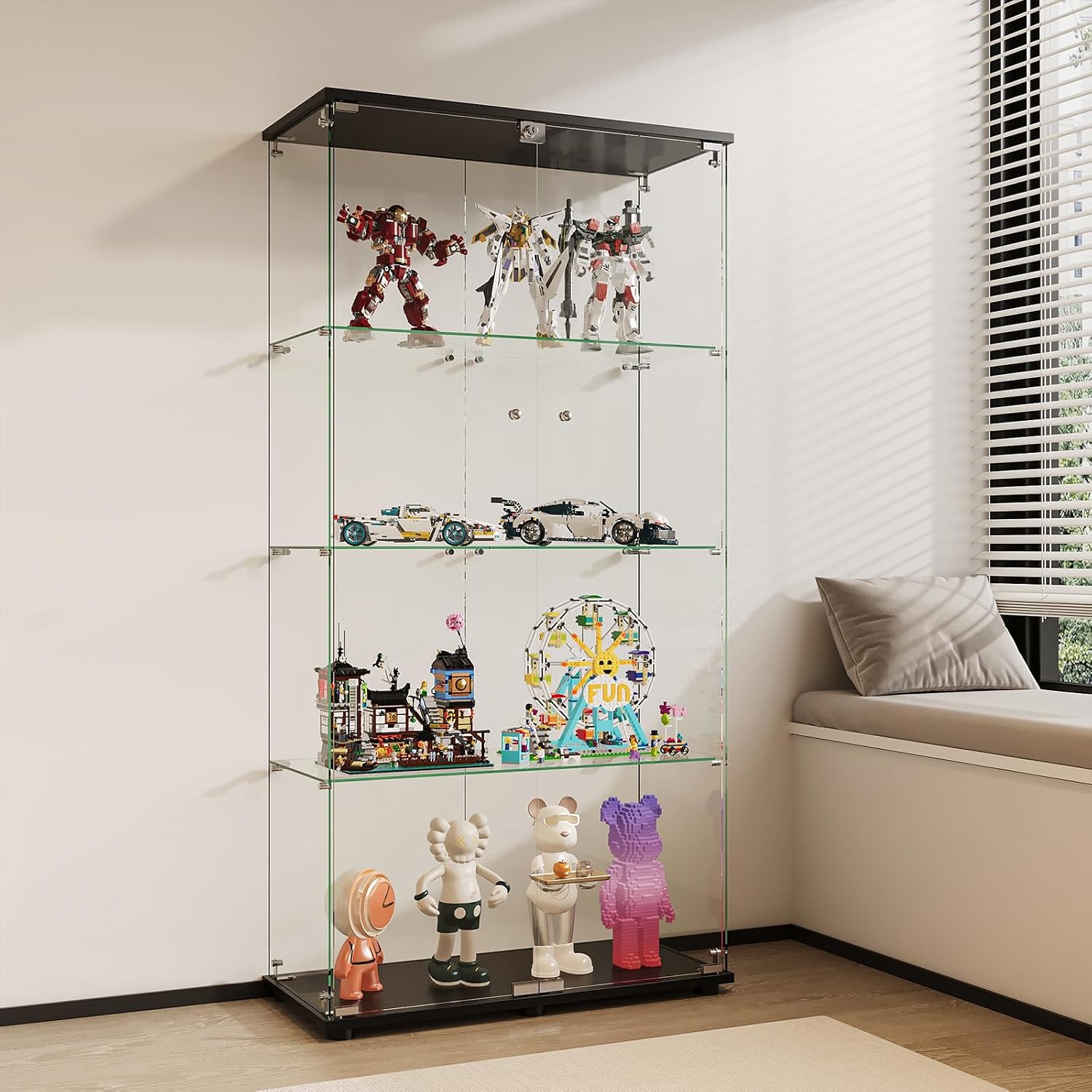 APRILSOUL Glass Display Cabinet 4-Shelf with Double Door, Curio Display Cabinet with 5mm Tempered Glass, Floor Standing Bookshelf for Bedroom, Living Room, 64 x 31.7 x 14.3 in, Black