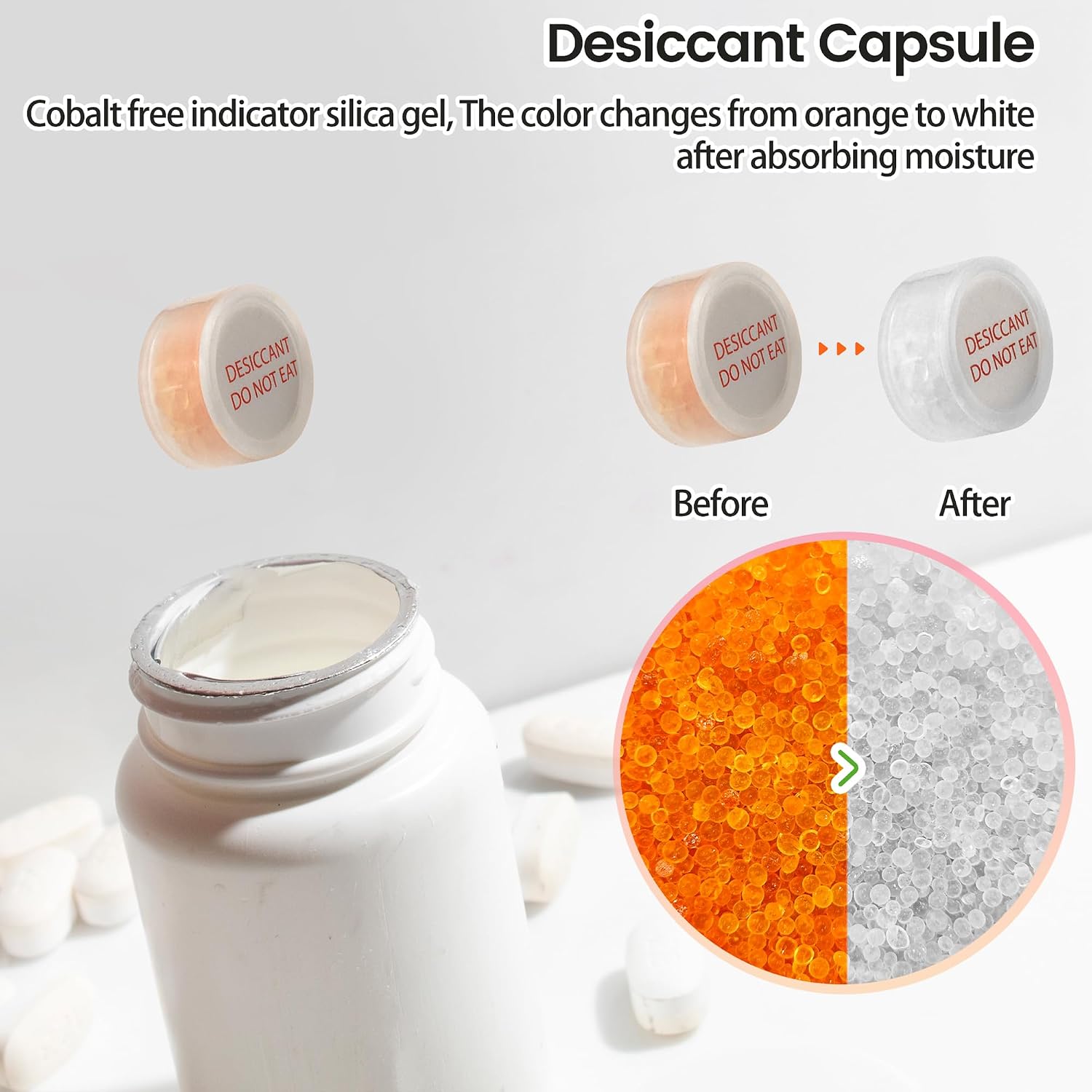 Wisesorb 1 Gram 2000 Pack Silica Gel Desiccant Canister,Orange to White Indicating Desiccants Capsules, Moisture Absorbers for Food Storage, Food Grade Desiccant Dehumidifiers