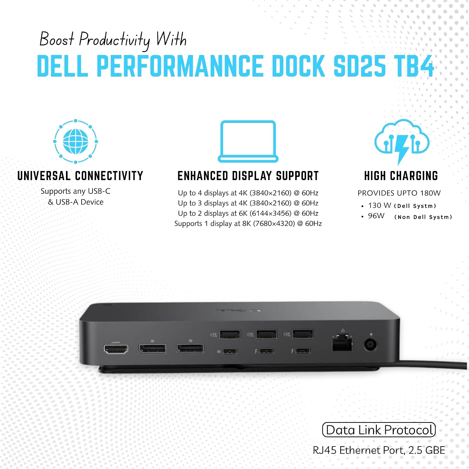 Dell SD25TB4 Pro Thunderbolt 4 Smart Dock - 3 Years Warranty Supports 8k Display, with 180W, HDMI, DisplayPort, Thunderbolt Cable, Cleaning Cloth - USB C Docking Station Hub