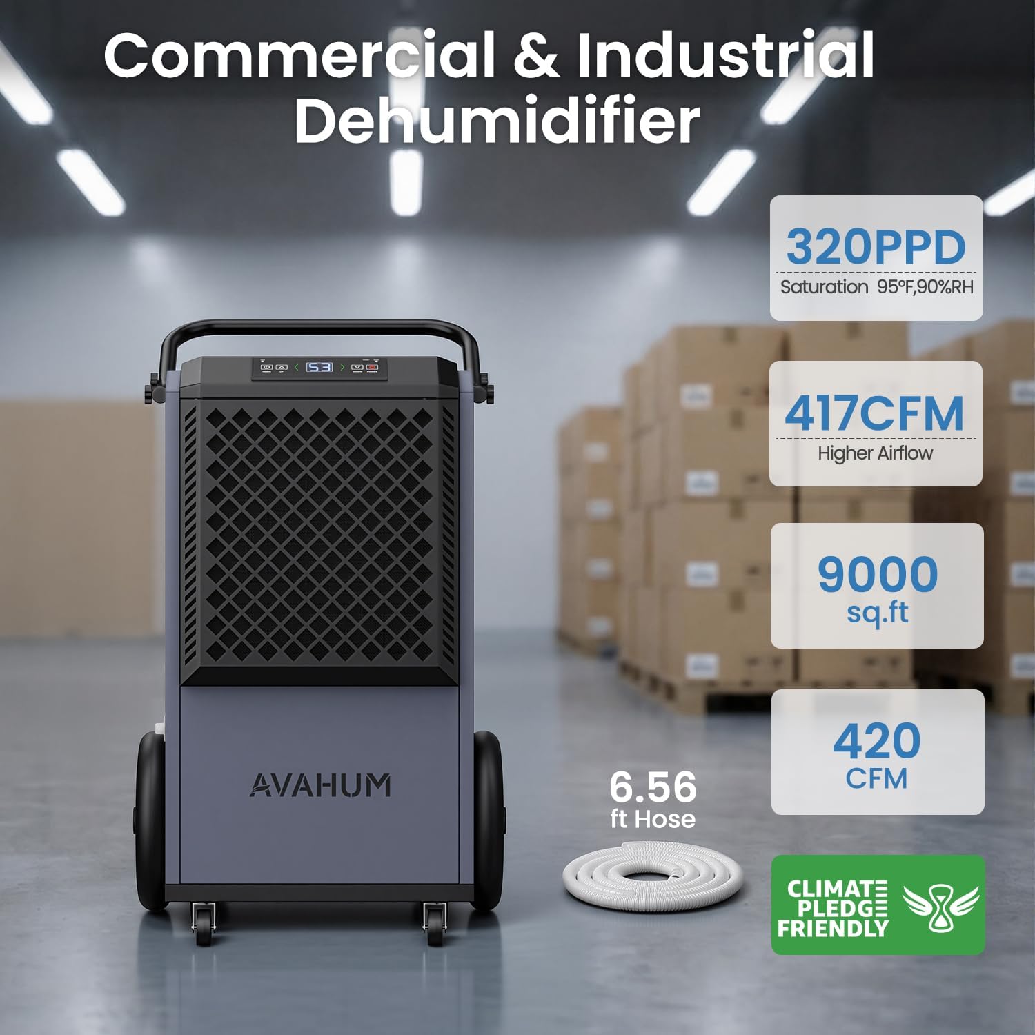 Commercial Dehumidifier,Grey Industrial Dehumidifier 320 Pint for 8,000 Sq.Ft Basement Warehouse Construction, Large Heavy Duty Commercial Grade Dehumidifiers with Drain Hose, Auto Defrost,Restart