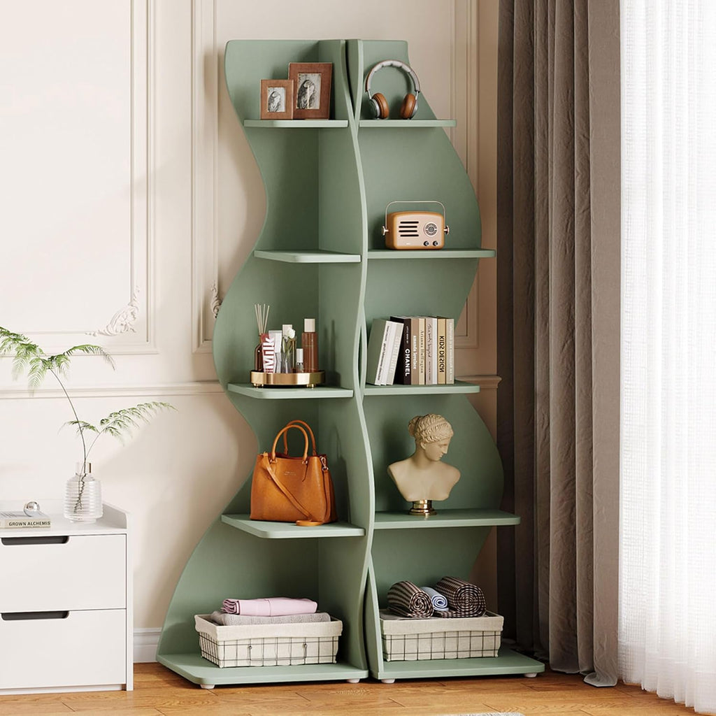 Tribesigns Wavy Corner Shelf Set of 2, Modern 5-Tier Bookshelf Etagere Bookcase with Curvy Shape, Unique Plant Stand Display Shelf for Living Room Small Space (Green)