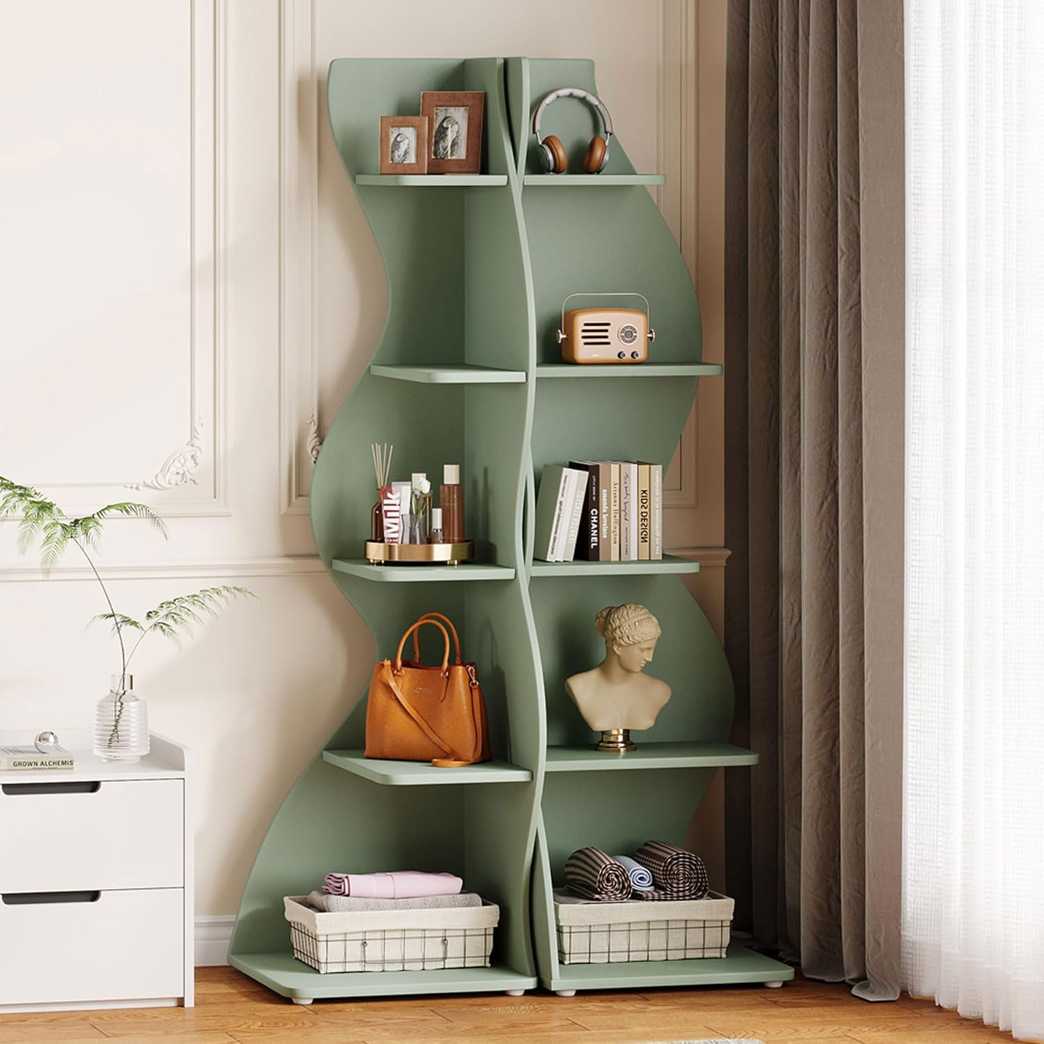 Tribesigns Wavy Corner Shelf Set of 2, Modern 5-Tier Bookshelf Etagere Bookcase with Curvy Shape, Unique Plant Stand Display Shelf for Living Room Small Space (Green)