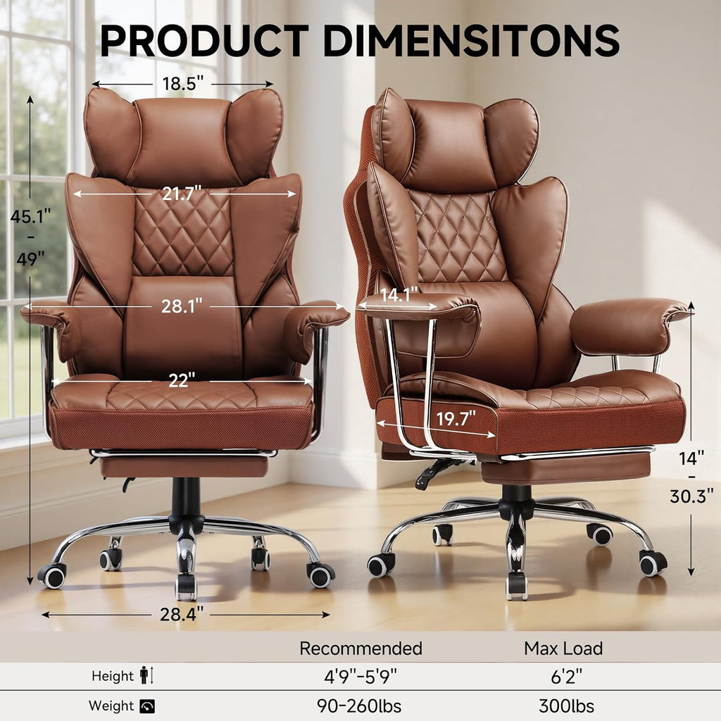 COMHOMA Big and Tall Office Chair, High Back Leather Gaming Chair with Footrest, Executive Ergonomic Office Chairs with Pocket Spring Lumbar Support and with Outward Fixed Soft Armrests