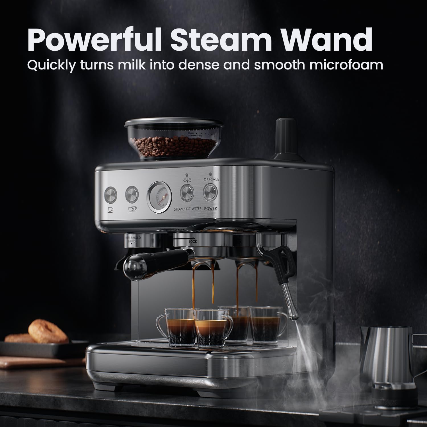 Espresso Machine Coffee Maker with Grinder - Professional 15Bar Cappuccino Latte Barista Machines with Milk Frother, Calibrated Tamping, 78OZ Removable Water Tank, Stainless Steel