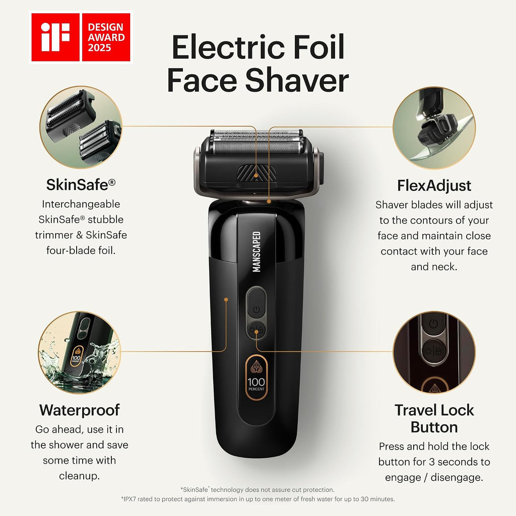MANSCAPED® The Chairman™ PRO Men's Electric Foil Face Shaver - Two Interchangeable Blade Heads, SkinSafe® Four-Blade Foil & Stubble Trimmer, USB-C Wireless Compatible Charging, Gentle on Neck