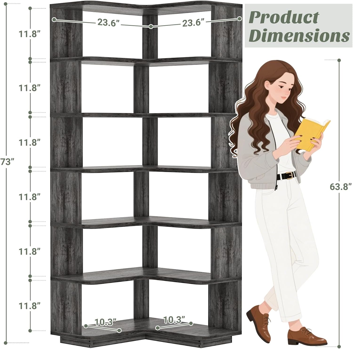 Armocity Corner Book Shelf - 7 Tier Corner Bookshelf Etagere Bookcase with Baffle, Freestanding L Shaped Display Shelf Stand for Home Office, Living Room, Bedroom, Kitchen, Grey Oak