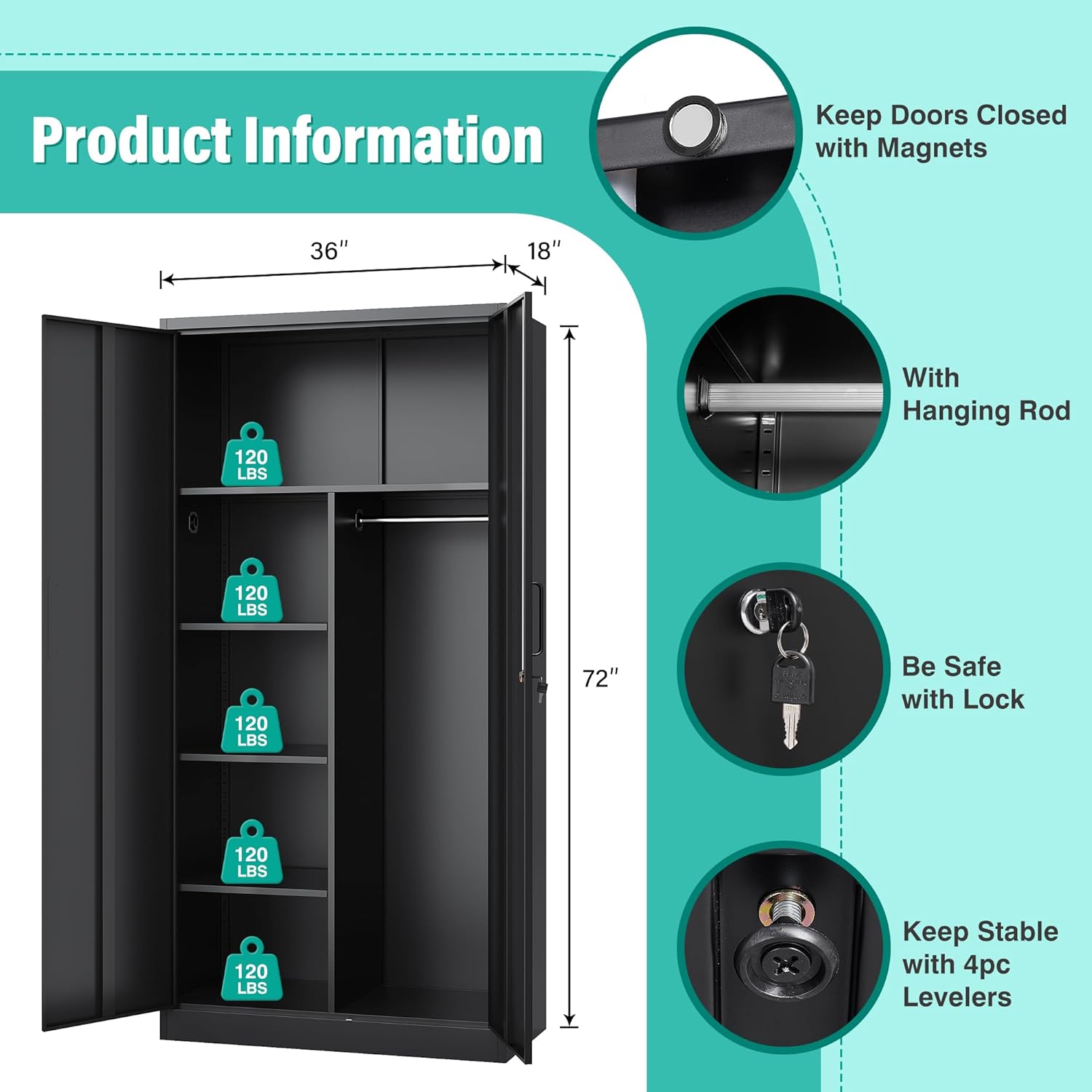 Wide & Deep Metal Storage Cabinet with Hanging Rod,Black Broom Closet Storage Cabinet with Lock,72' Tall Wardrobe Cabinets with Doors and Shelves,Locking Steel Tool Cabinets for Home,Office,Garage