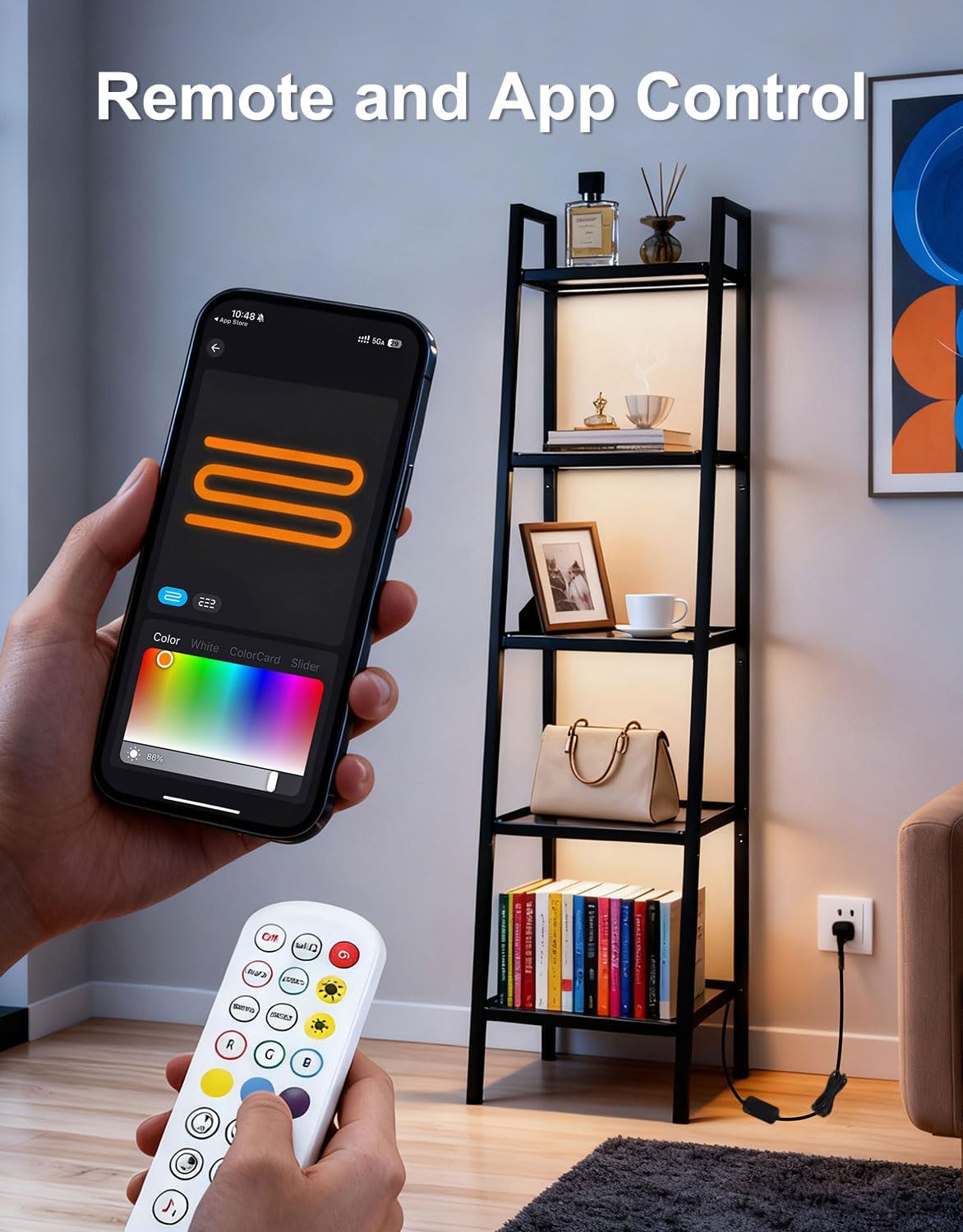 5-Tier Glass Display Shelf with RGB Light, 67' Ladder Bookshelf, Music Sync & 3 CCT, Dimmable App/Remote, Modern Freestanding Corner Storage Rack, Metal Organizer for Living Room Home Office, Black