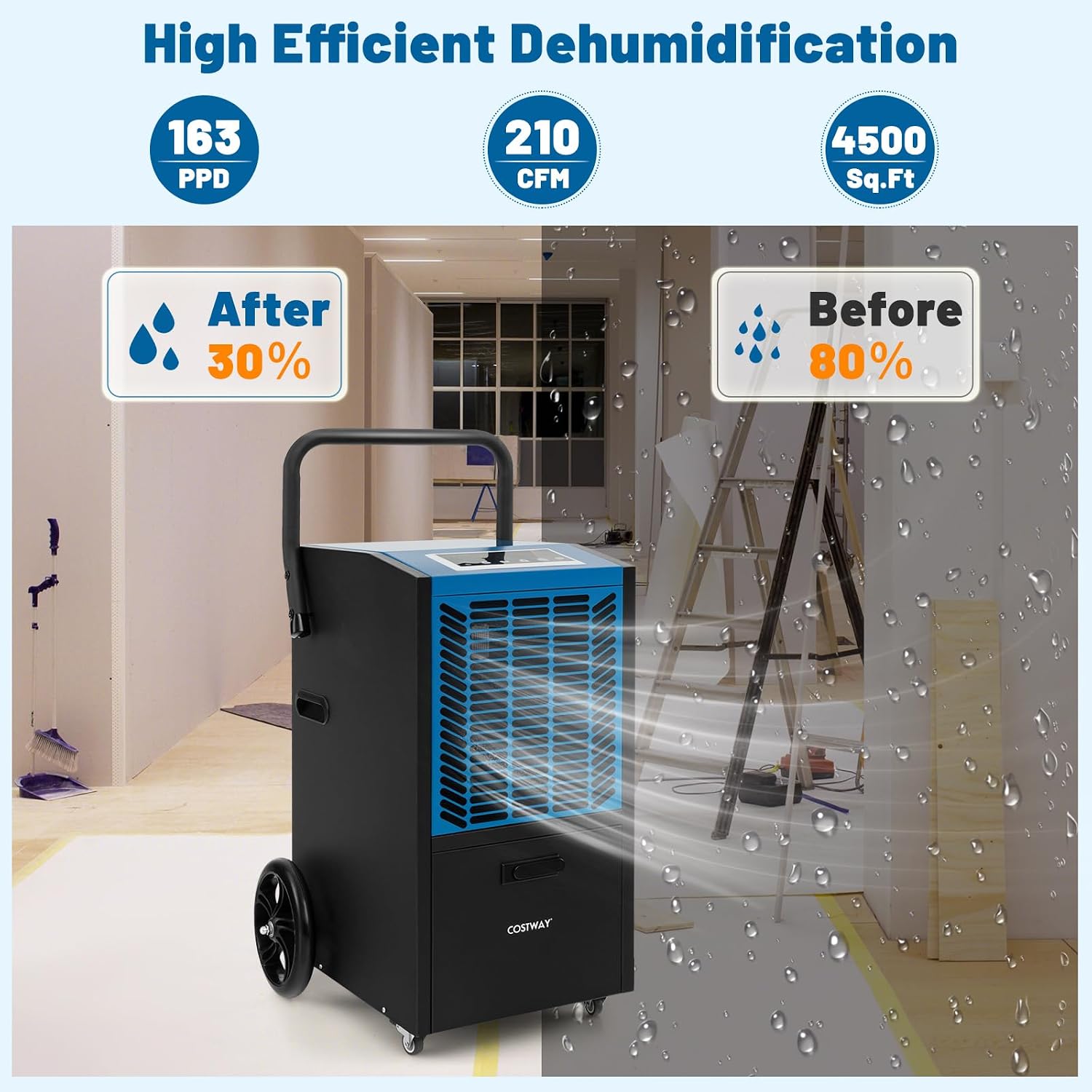 COSTWAY 163 Pints Commercial Dehumidifier, 4500 Sq.Ft Crawl Space Dehumidifier with Pump & Drain Hose, 24H Timer, for Basement, Warehouse, Job Site (Blue)