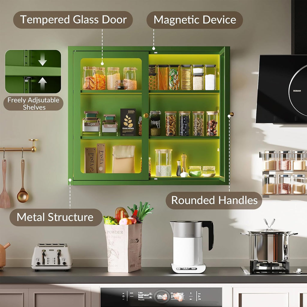 Bathroom Wall Cabinet with 13-Color Light, Wall Mounted 3-Sided Glass Display Cabinet with Adjustable Shelves, Floating Metal Medicine Storage Cabinet for Kitchen Living Room - Green