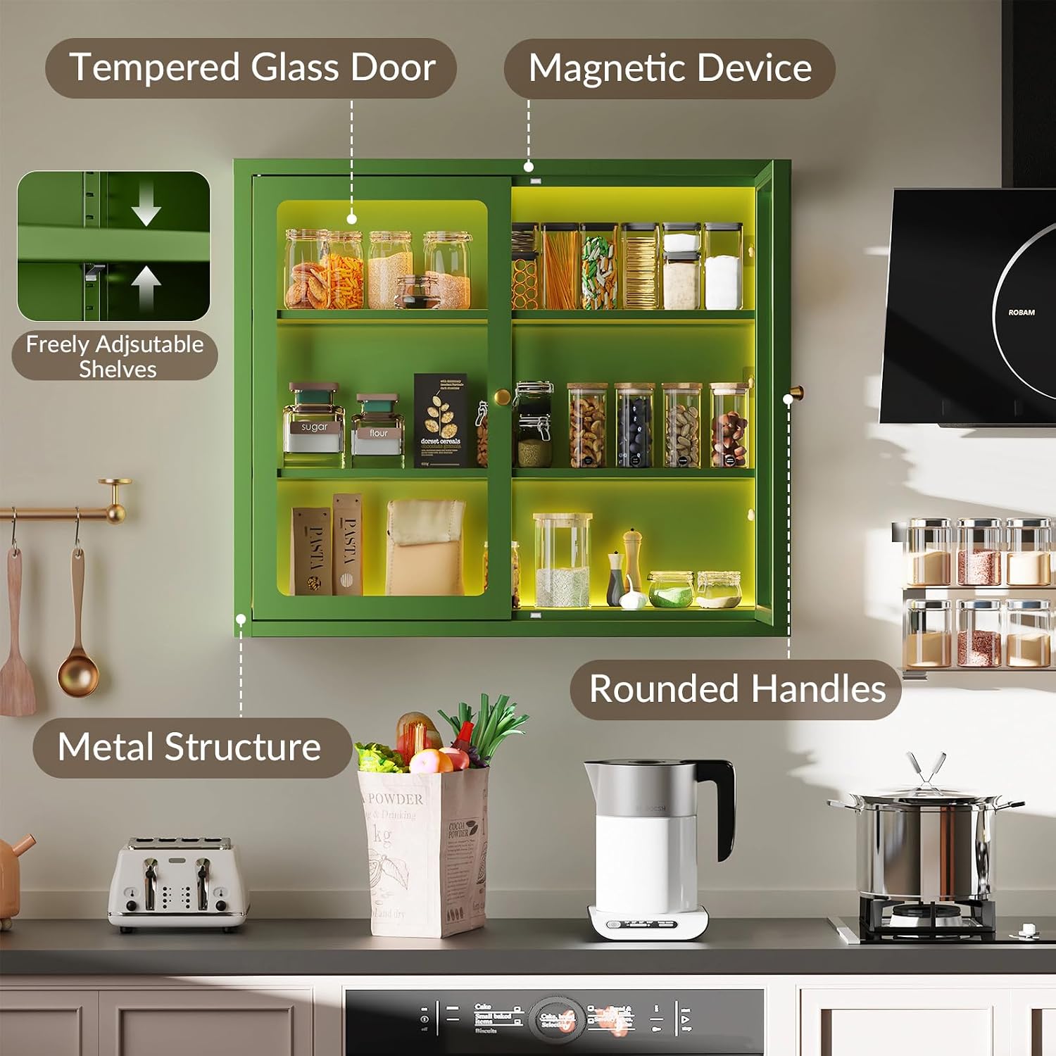 Bathroom Wall Cabinet with 13-Color Light, Wall Mounted 3-Sided Glass Display Cabinet with Adjustable Shelves, Floating Metal Medicine Storage Cabinet for Kitchen Living Room - Green