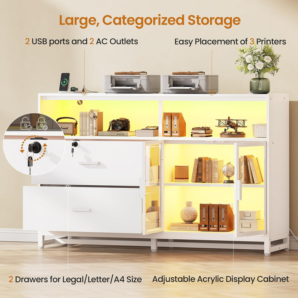 SEDETA 59' File Cabinet, 2 Drawers Filing Cabinets for Home Office fit Legal/Letter/A4 File, File Cabinet with Lock & Power Outlets, Printer Stand with Storage & LED Lights, White