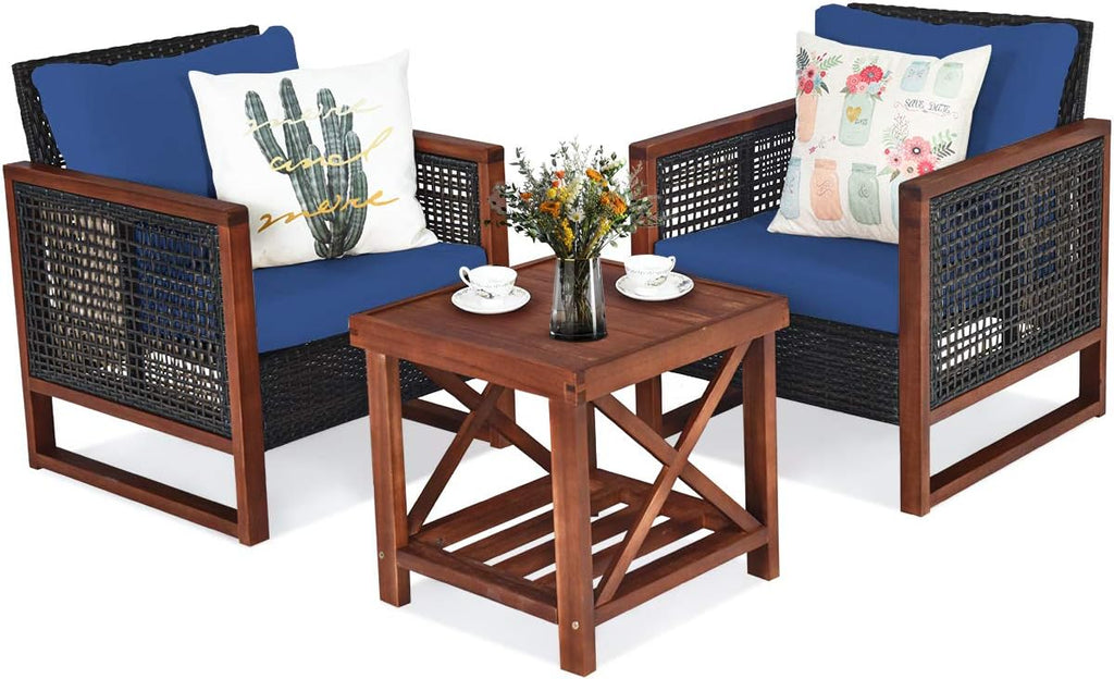 Tangkula 3 Pieces Patio Wicker Furniture Set, Rattan Outdoor Sofa Set w/Washable Cushion & Acacia Wood Coffee Table, Conversation Bistro Set for Garden Balcony Backyard (Blue)