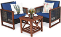 Tangkula 3 Pieces Patio Wicker Furniture Set, Rattan Outdoor Sofa Set w/Washable Cushion & Acacia Wood Coffee Table, Conversation Bistro Set for Garden Balcony Backyard (Blue)
