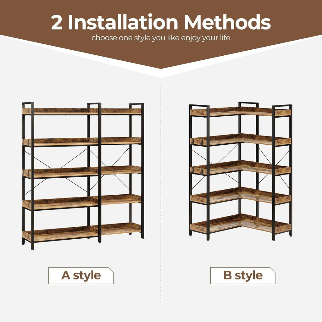Rolanstar Bookshelf 5 Tier with 4 Hooks, Reversible Corner Bookshelf, 65' Industrial Wooden Bookcase with Open Shelves and Metal Frame for Living Room, Bedroom, Home Office, Rustic Brown