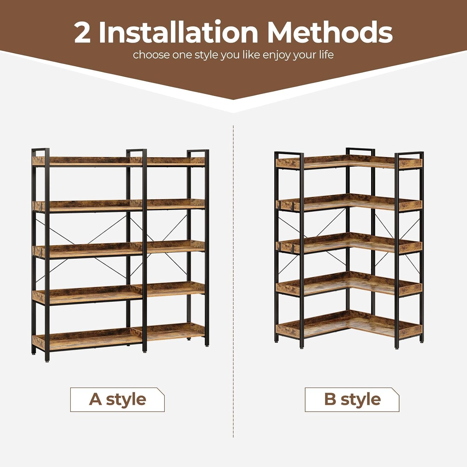 Rolanstar Bookshelf 5 Tier with 4 Hooks, Reversible Corner Bookshelf, 65' Industrial Wooden Bookcase with Open Shelves and Metal Frame for Living Room, Bedroom, Home Office, Rustic Brown