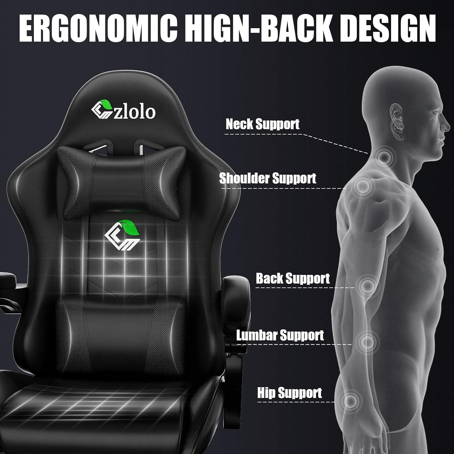 Czlolo Gaming Chair with Footrest Racing Style Lumbar Support Massager Video Game Chair with Metal Legs, High Back Gamer Chair with Headrest, 360° Swivel Office Computer Desk Chair, Black