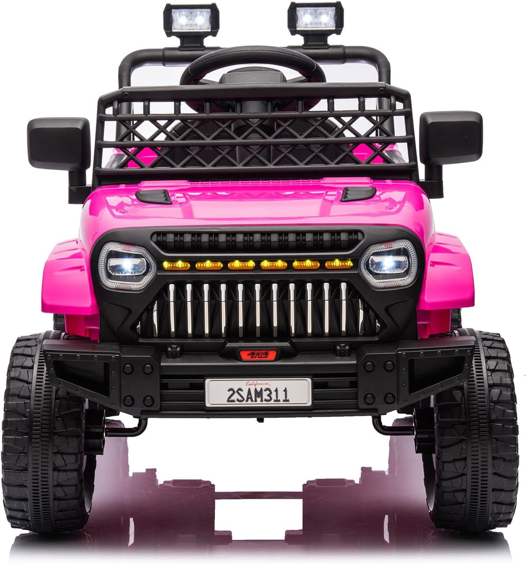 12V Ride On Car for Kids Electric Vehicle Toddlers Battery Powered Truck Car Toy with Remote Control, 4-Wheel Suspension, Battery Display, LED Lights, Music, for Boys Girls, Rose Red