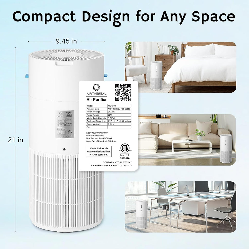 Airthereal 2-in-1 Air Purifier & Humidifier Combo for Large Room up to 1200 ft², 3-Stage Filters, Air Quality Monitor and Quiet Sleep Mode, Evaporative Humidifier with Hygrometer, iF Design Award 2026