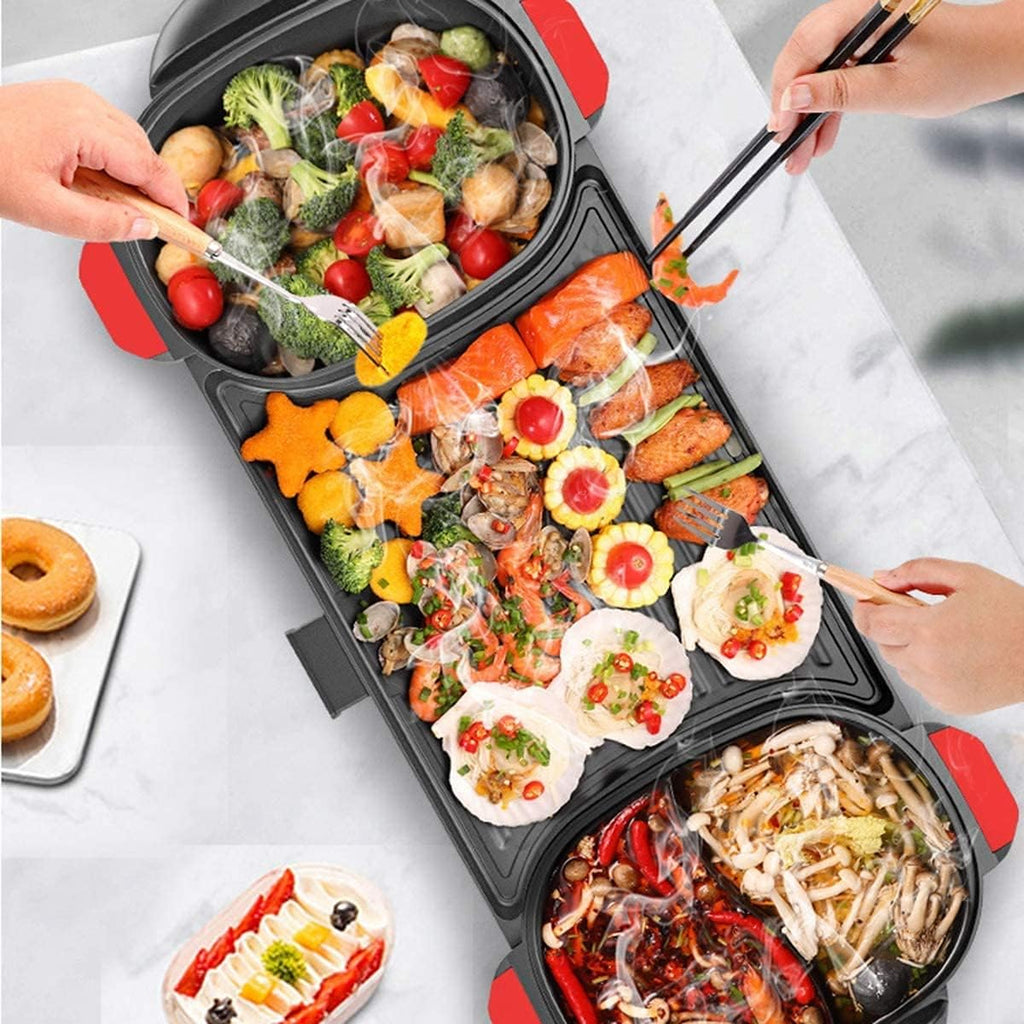 BBQ Smokeless Grill Multifunction Electric Grill Indoor Hot Pot, Home Cooker Griddle Multi Purpose Korean Barbecue Hot Pot Smokeless Teppanyaki BBQ Grill Hotpot Pot Family Dinner