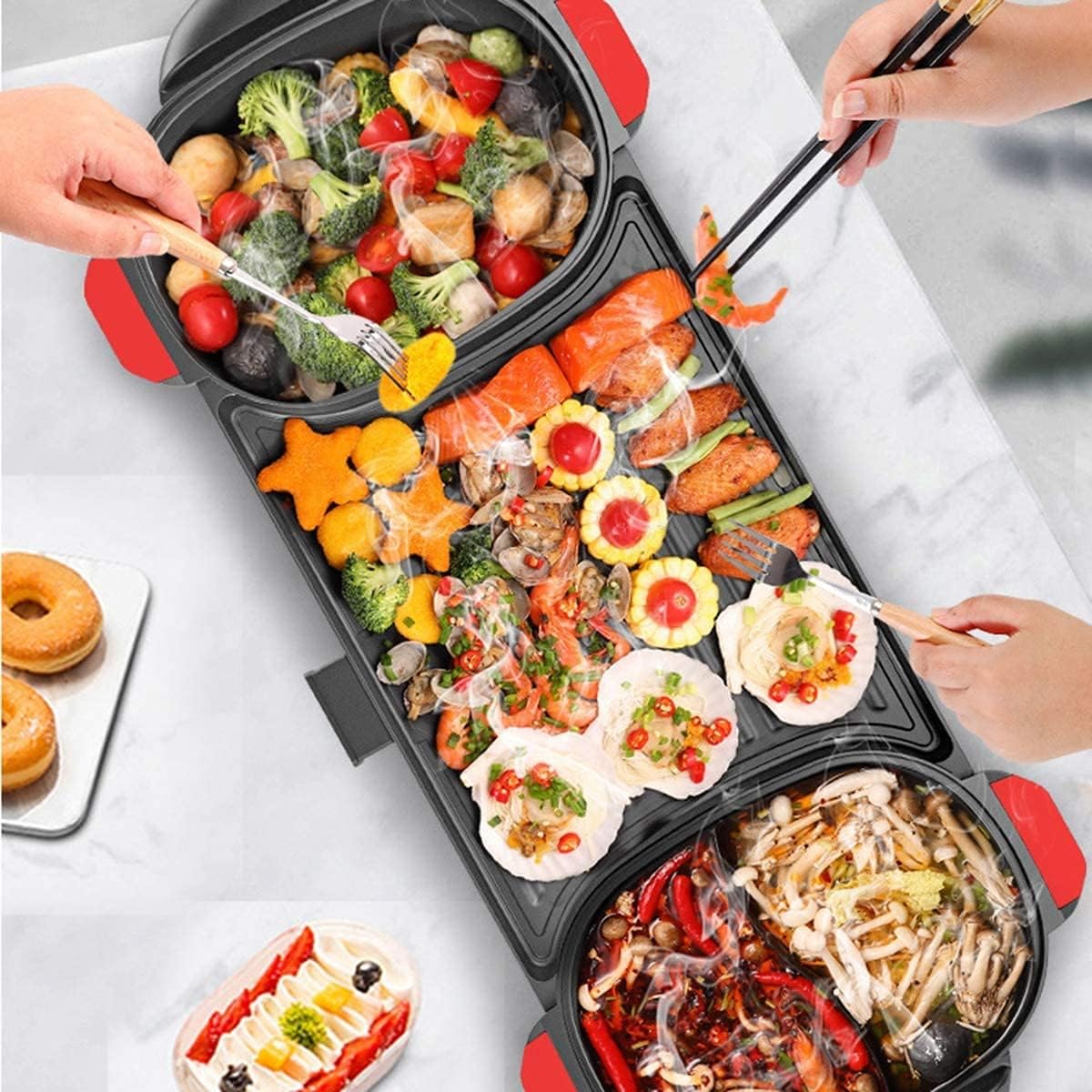 BBQ Smokeless Grill Multifunction Electric Grill Indoor Hot Pot, Home Cooker Griddle Multi Purpose Korean Barbecue Hot Pot Smokeless Teppanyaki BBQ Grill Hotpot Pot Family Dinner
