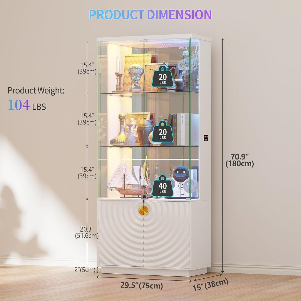 HNEBC Display Cabinet with Glass Doors - 71' High Gloss Curio Cabinet with Adjustable Glass Shelf, Lockable Display Cases with RBG Lights and Human Body Sensor for Collectibles, White