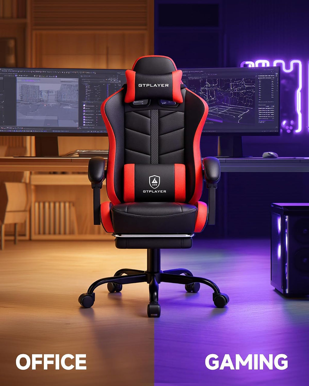 GTPLAYER Gaming Chair for Adults, Ergonomic Computer Gaming Chair with Footrest, Height Adjustable, 90-155° Recline & Removable Headrest Lumbar Support, Black&Red