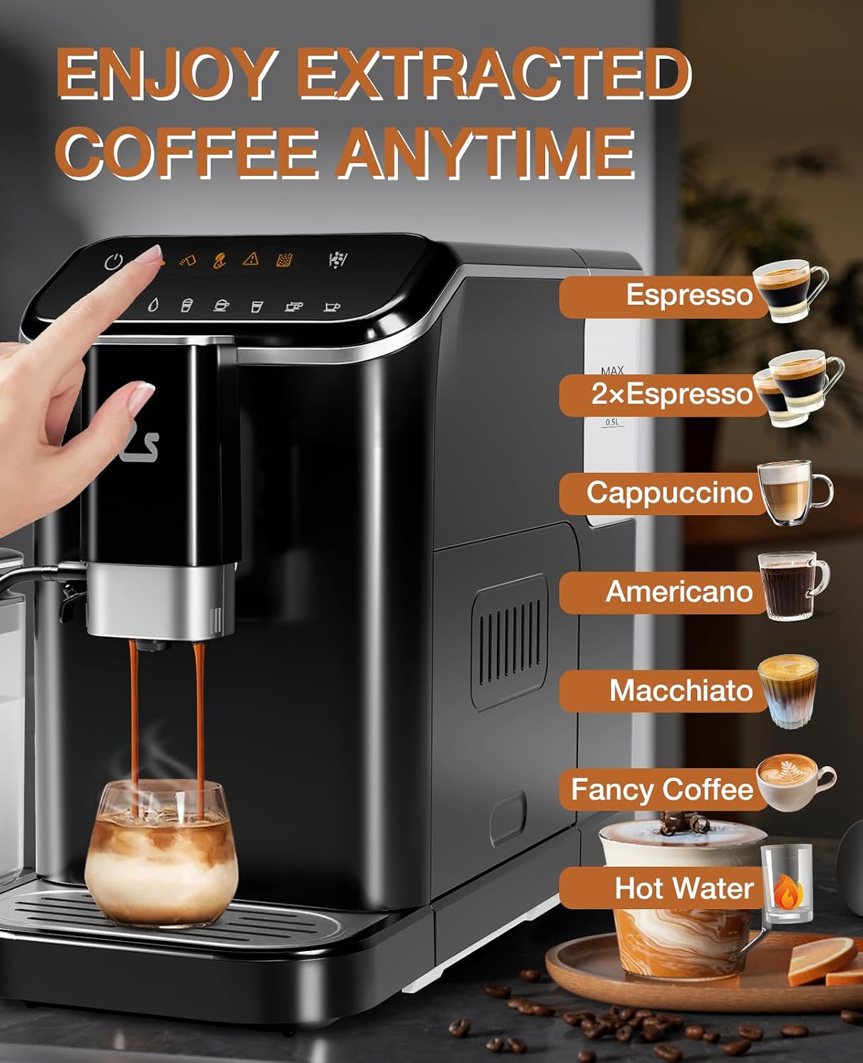GarveeTech Fully Automatic Espresso Machine, Espresso & Coffee Machine with Automatic Milk Frother, Built-In & Adjustable Espresso Bean Grinder, Touch Screen Coffee Machine with 1.5 L Water Tank