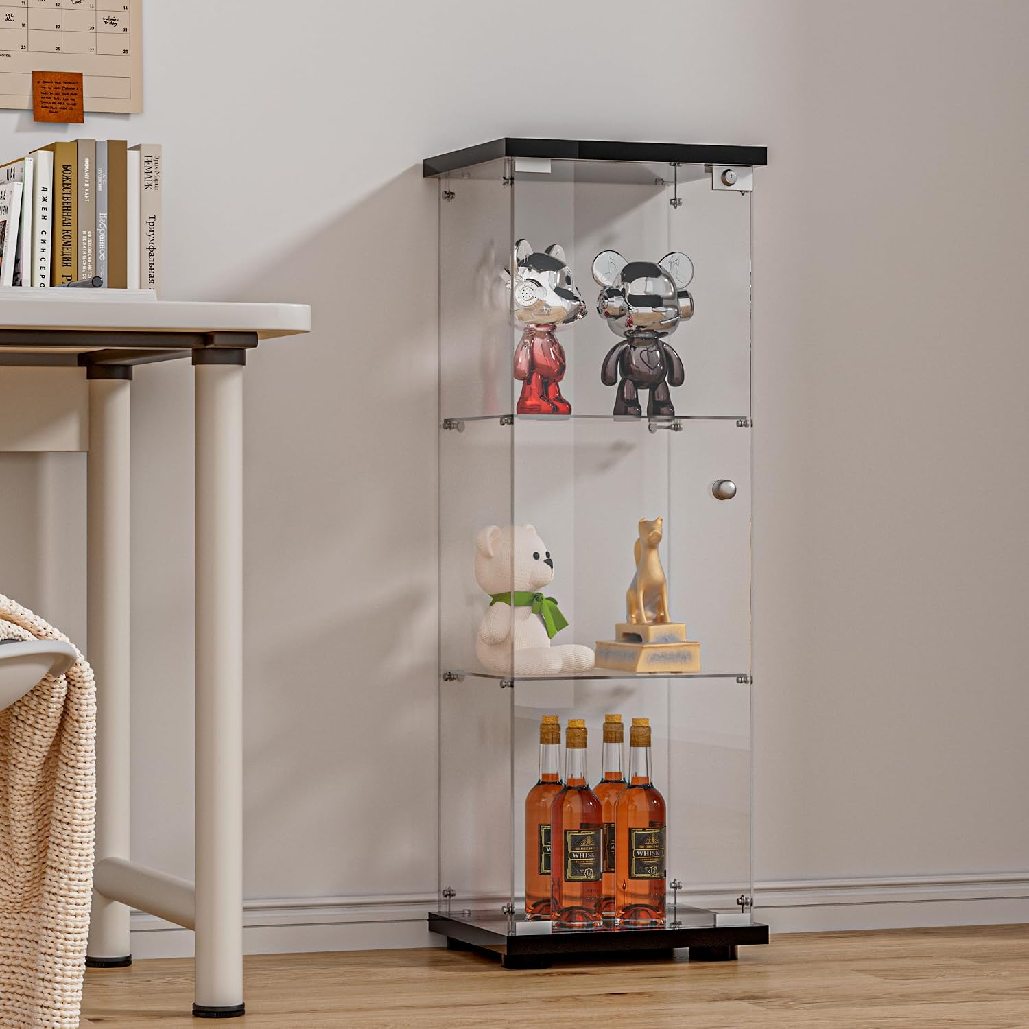 FANYUSHOW 3-Shelf Glass Display Cabinet with Door, Upgraded Quick-Install Style Curio Cabinets 5mm Tempered Glass Floor Standing Bookshelf for Bedroom, Living Room 49.1'x 16.7'x 14.3' Black
