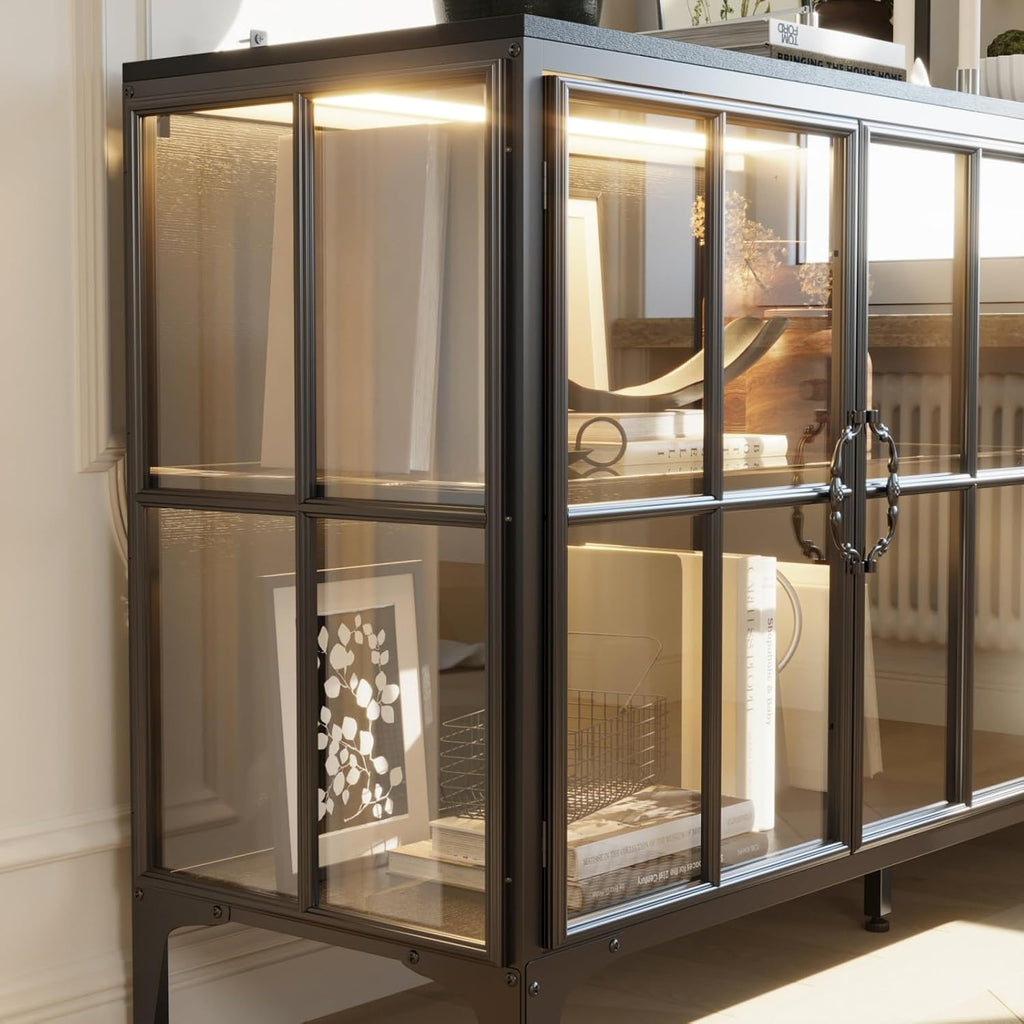 Display Cabinet with Glass Doors & LED Lights, Modern Sideboard Buffet with Glass Shelves, Metal Frame, for Living Room, Black, 63'W x 15.7'D x 31.5'H