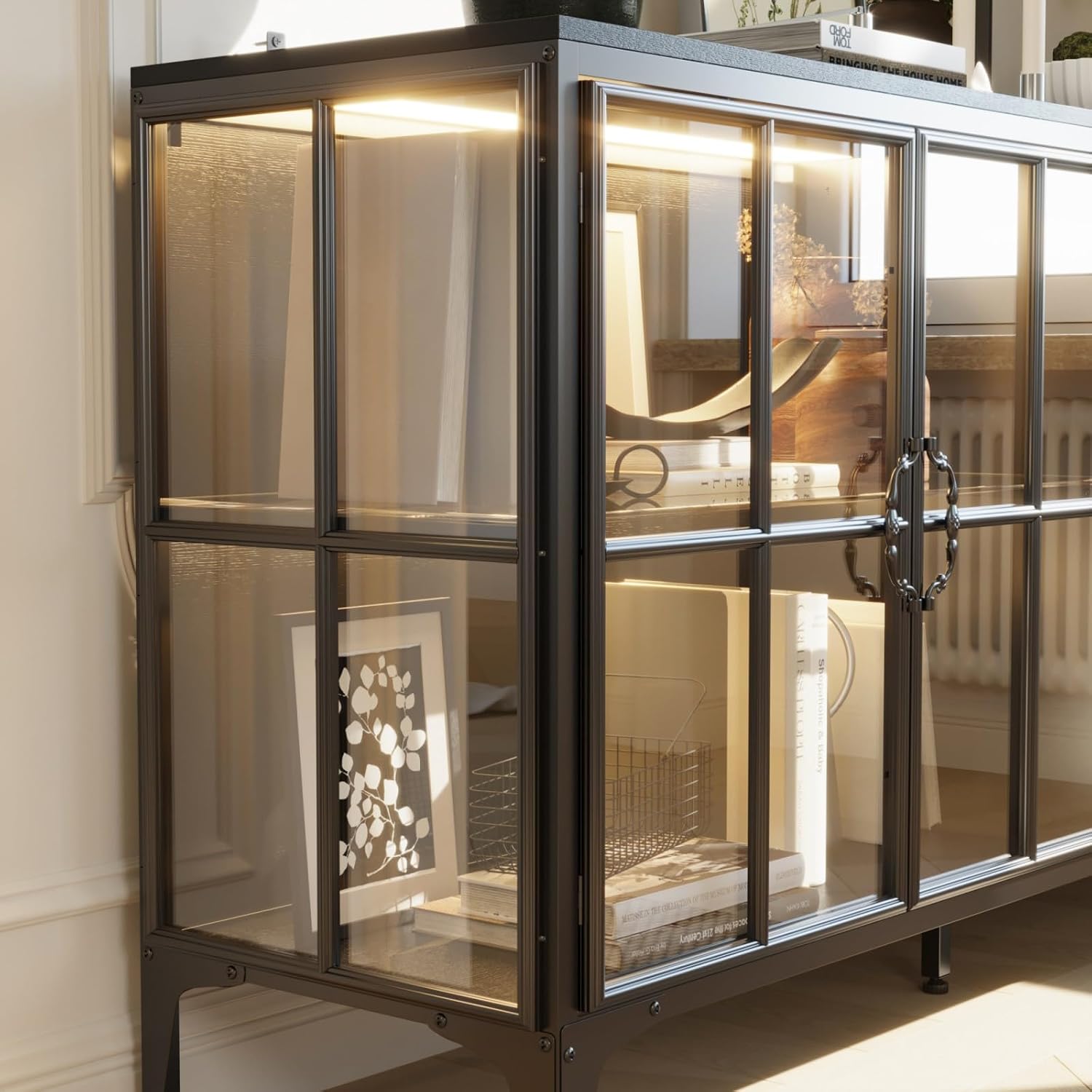 Display Cabinet with Glass Doors & LED Lights, Modern Sideboard Buffet with Glass Shelves, Metal Frame, for Living Room, Black, 63'W x 15.7'D x 31.5'H