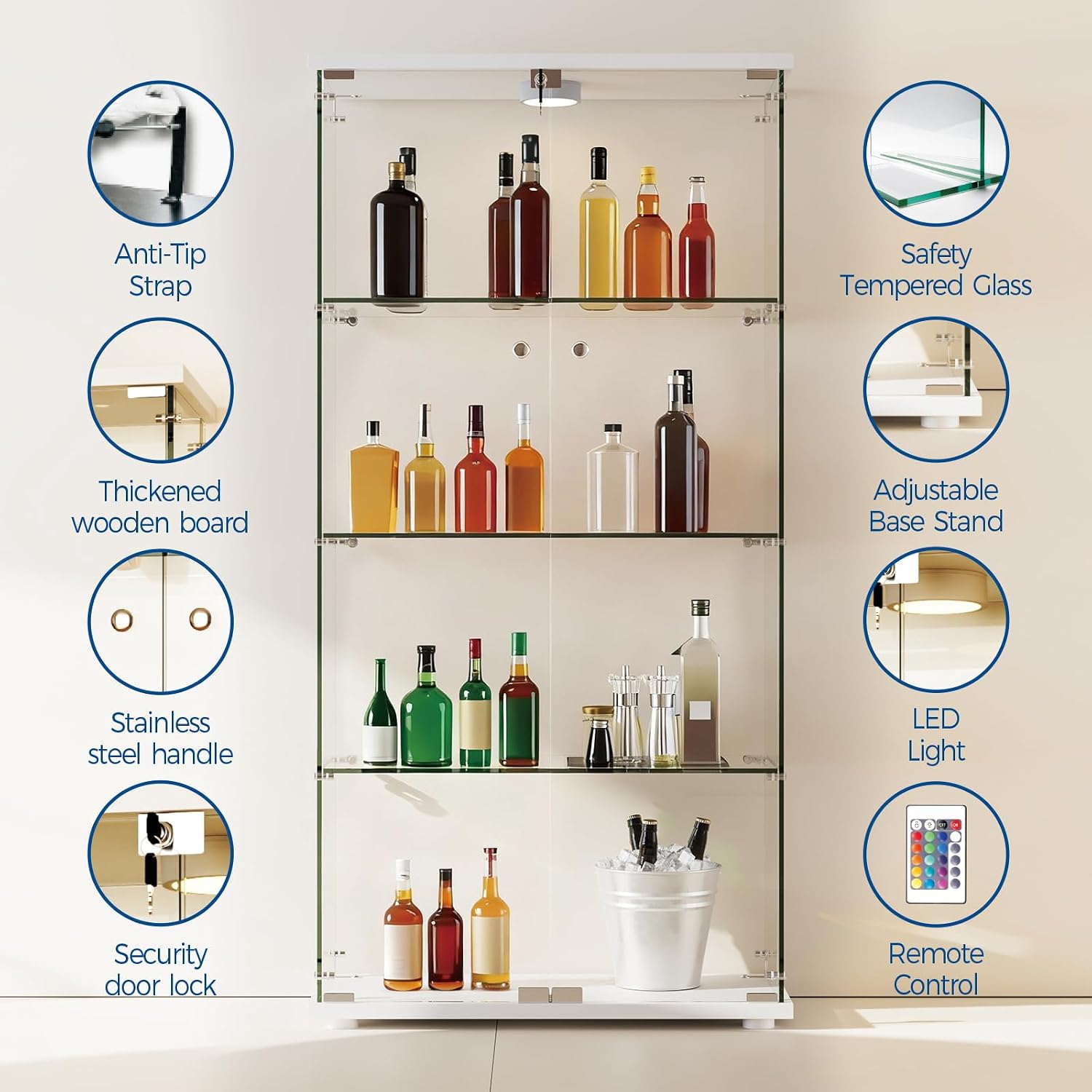 Garvee Glass Display Cabinet with LED Light, Tempered Glass Curio Collection Display Showcase with 4 Shelves and Lock, 2 Door Curio Cabinets for Living Room Bedroom Office, 64 x 31.7 x 14.3 in, White