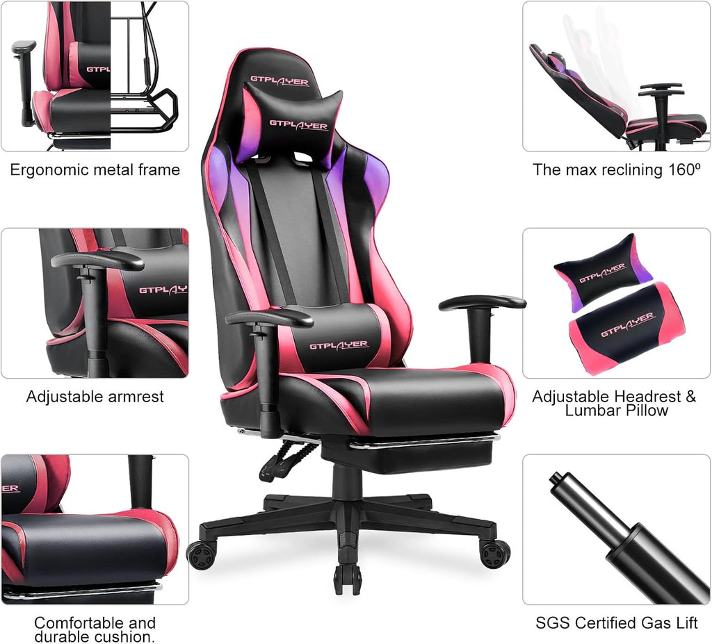 GTPLAYER Gaming Chair with Footrest, Ergonomic Computer Game Desk Chair, Reclining Game Chair Seat Height Adjustment, Swivel Rocker with Headrest and Lumbar (Colorful)