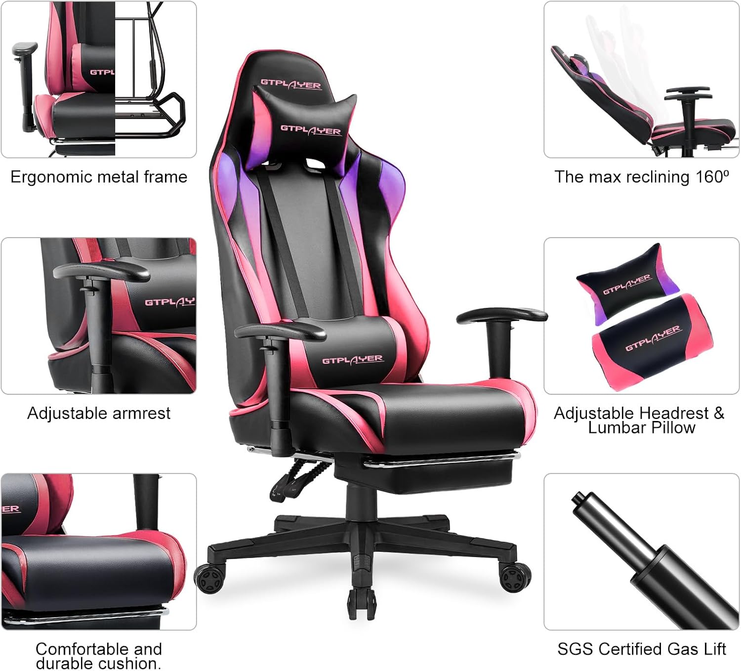 GTPLAYER Gaming Chair with Footrest, Ergonomic Computer Game Desk Chair, Reclining Game Chair Seat Height Adjustment, Swivel Rocker with Headrest and Lumbar (Colorful)