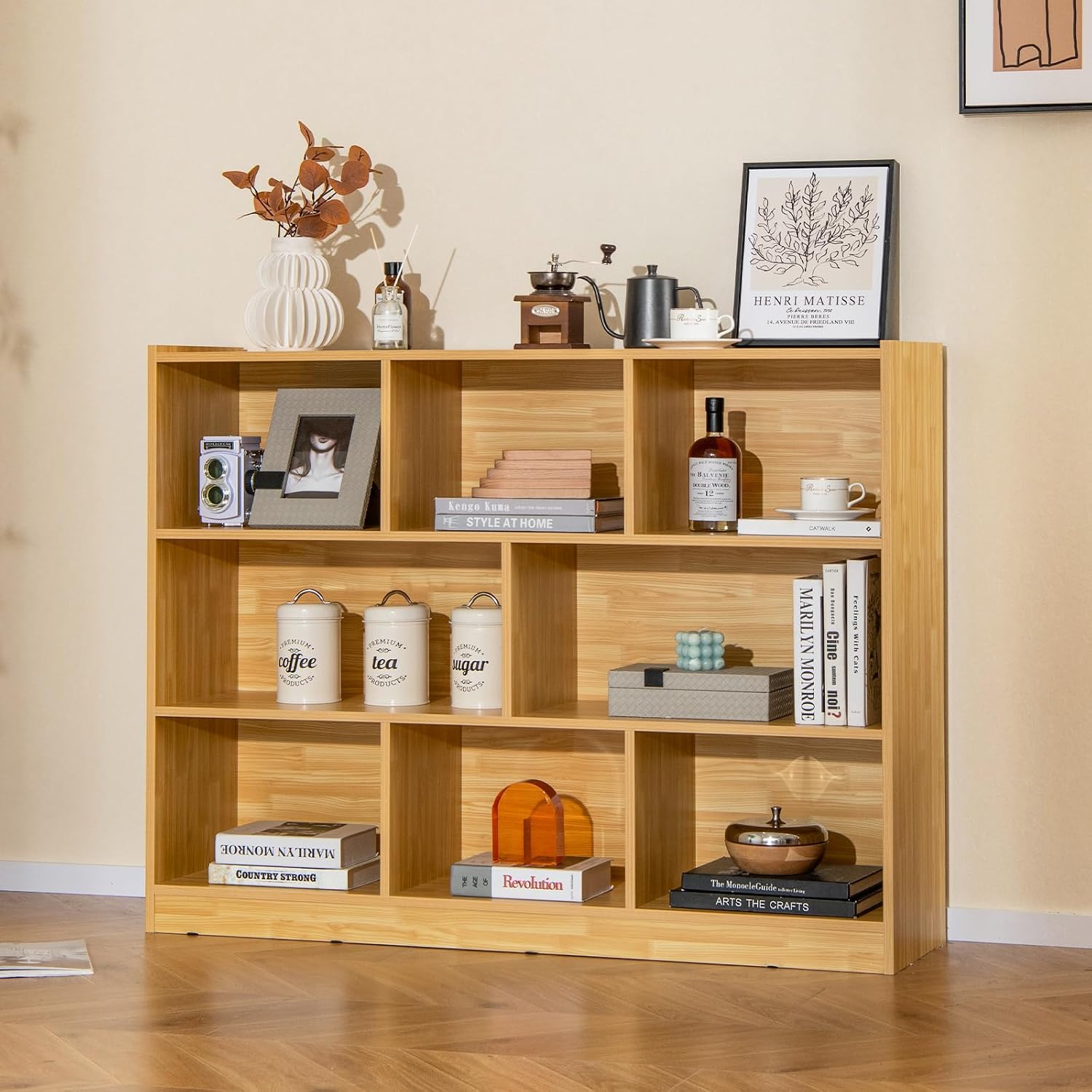 Giantex 8 Cube Bookcase, Freestanding 3-Tier Open Bookshelf, Modern Storage Display Cabinet, Wood Cube Storage Organizer for Living Room, Kid's Room, Burlywood