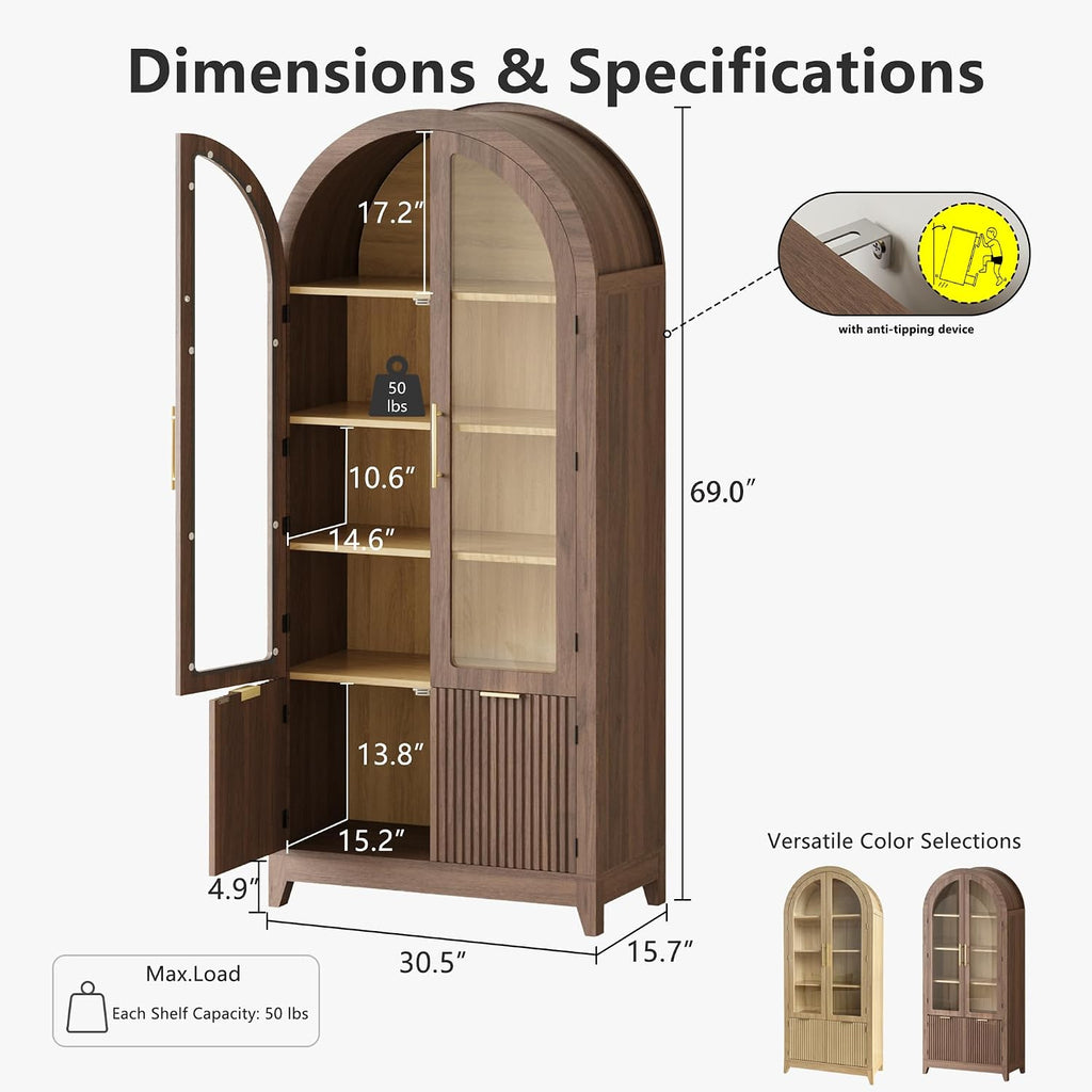 win2win Tall Arched Cabinet with Glass Doors, 69' Pantry Storage Cabinets with Fluted Doors & Adjustable Shelves, Mid Century Modern Wood Display Bookcase for Kitchen, Living Room, Bathroom, Walnut
