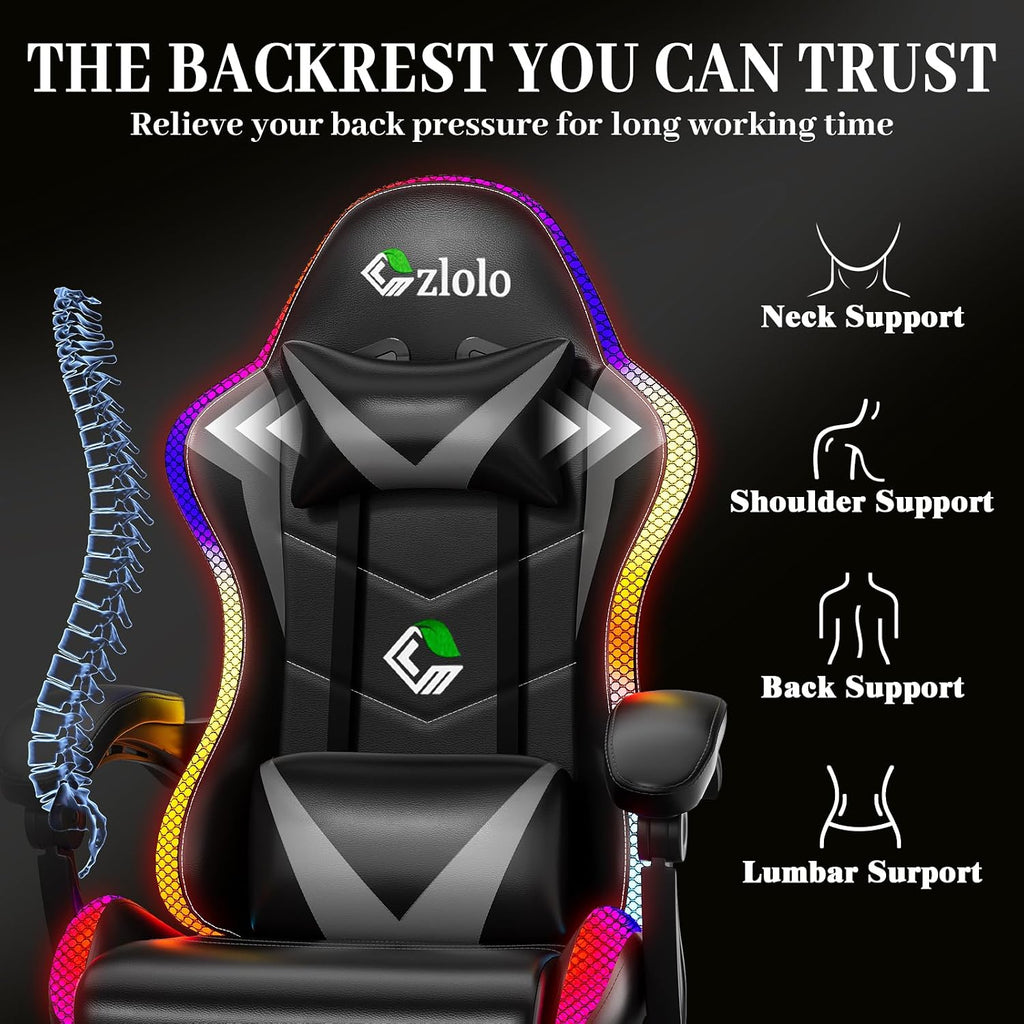 Czlolo Gaming Chair, Racing Style RGB LED Lights Gaming Chairs for Adults and Kids, Lumbar Massager Gamer Chair, High Back Reclining Computer Chair with Footrest and Headrest (Black/Gray)
