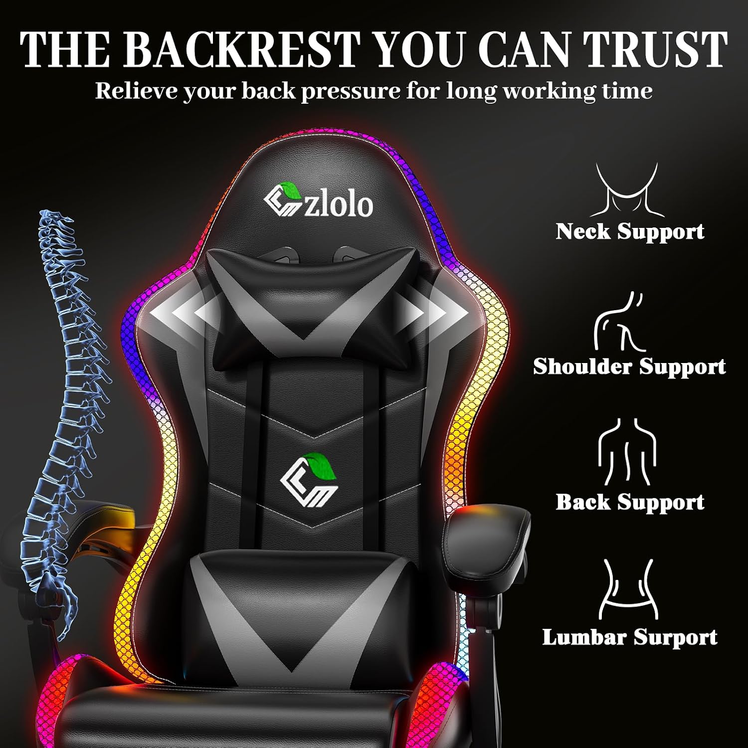 Czlolo Gaming Chair, Racing Style RGB LED Lights Gaming Chairs for Adults and Kids, Lumbar Massager Gamer Chair, High Back Reclining Computer Chair with Footrest and Headrest (Black/Gray)