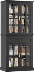 FOTOSOK 71'' Tall Kitchen Cabinet with Glass Doors and Drawer, Freestanding Food Pantry with Adjustable Shelves for Dining Living Room, Black